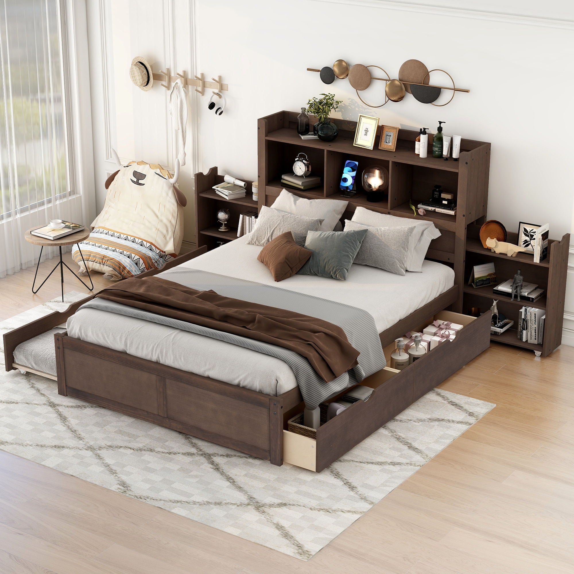 Storage Platform Bed With Pull Out Shelves, Trundle, And 2 Drawers