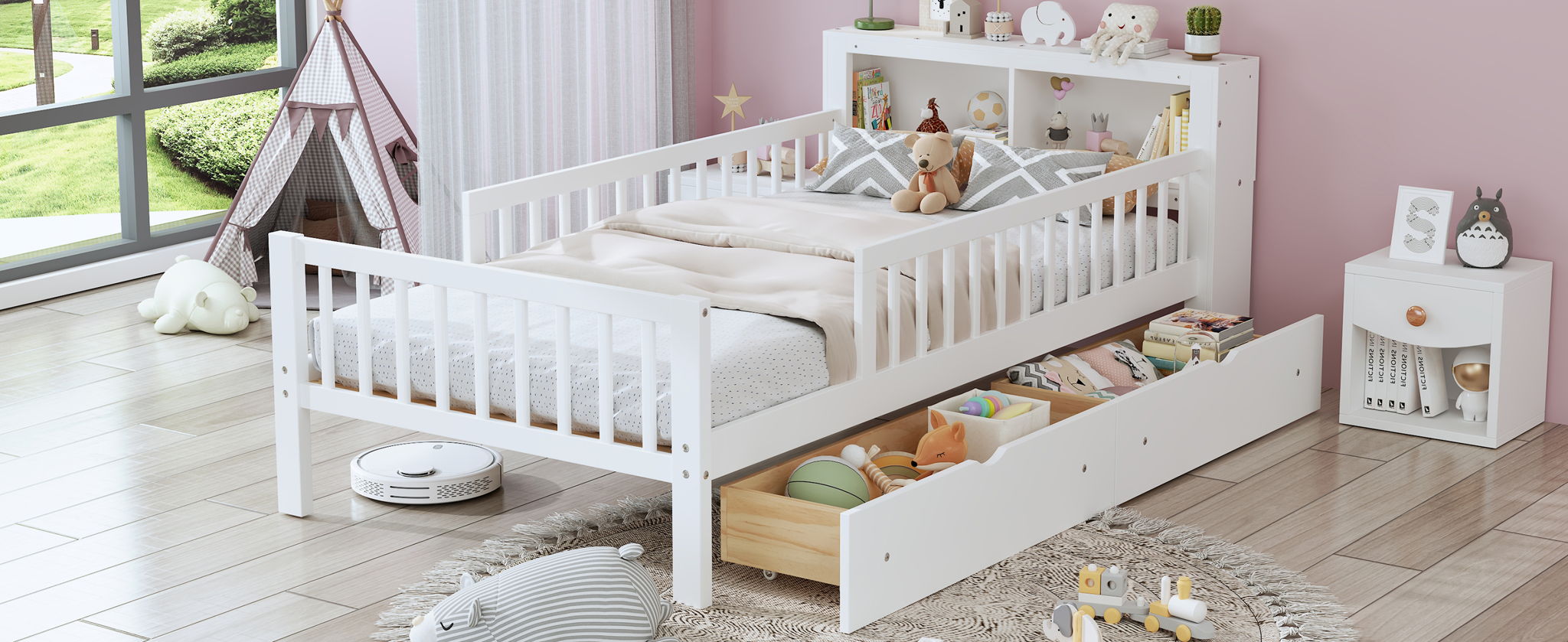 Bed With Headboard Storage Rack, 2 Under Bed Drawers, 3 Side Guardrails For Safety