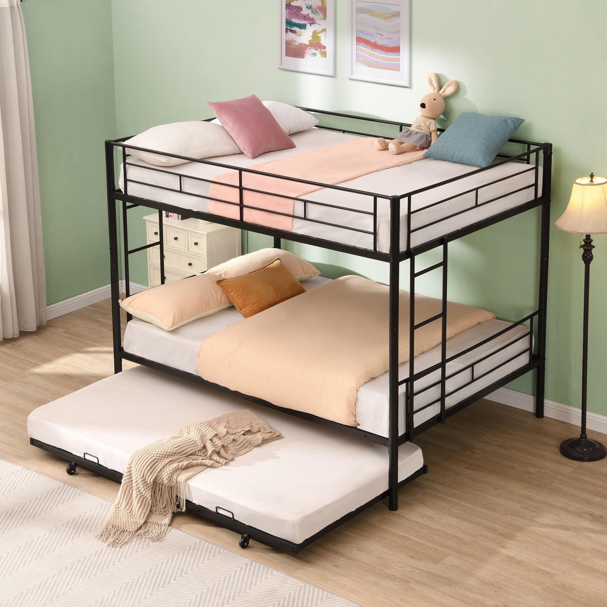 Full Over Full Modern Metal Bunk Bed With Trundle - Black