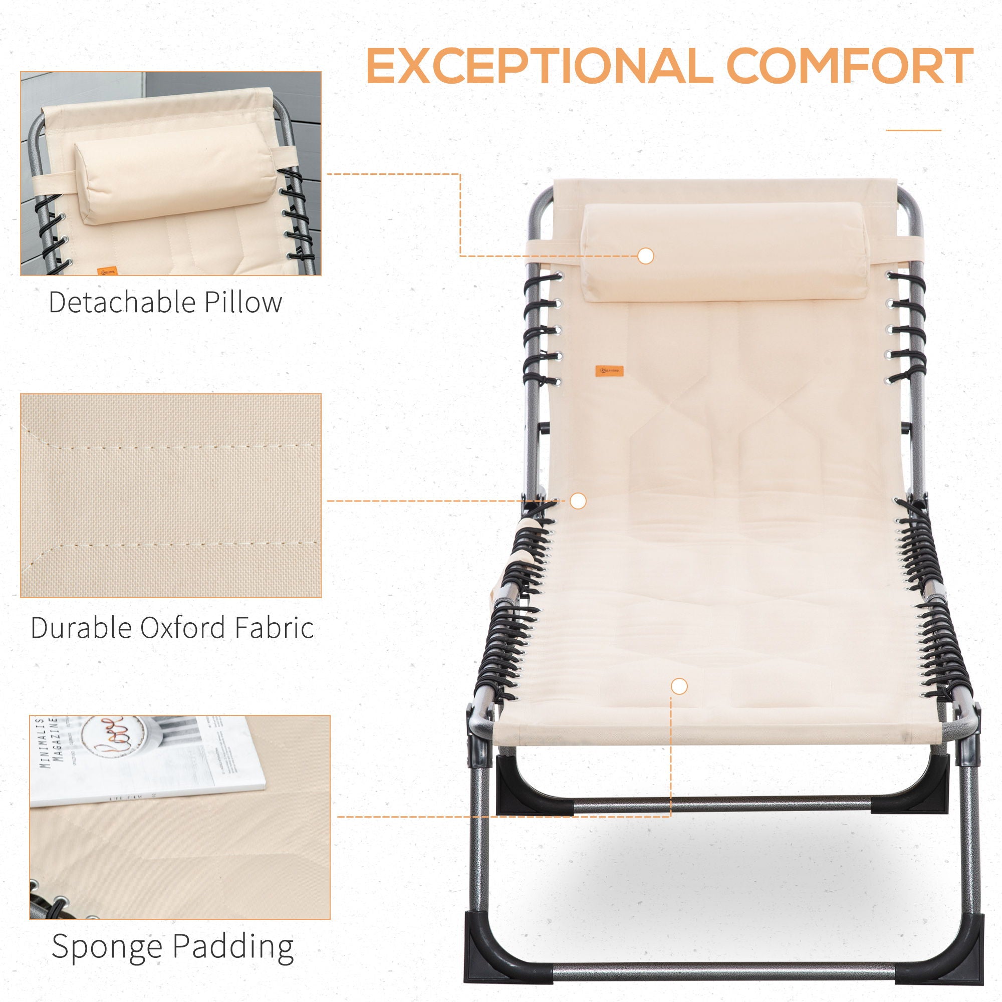 Outsunny - Padded Folding Chaise Lounge Chair, Outdoor 6-Level Reclining Camping Tanning Chair With Headrest For Beach, Yard, Patio, Pool - Beige