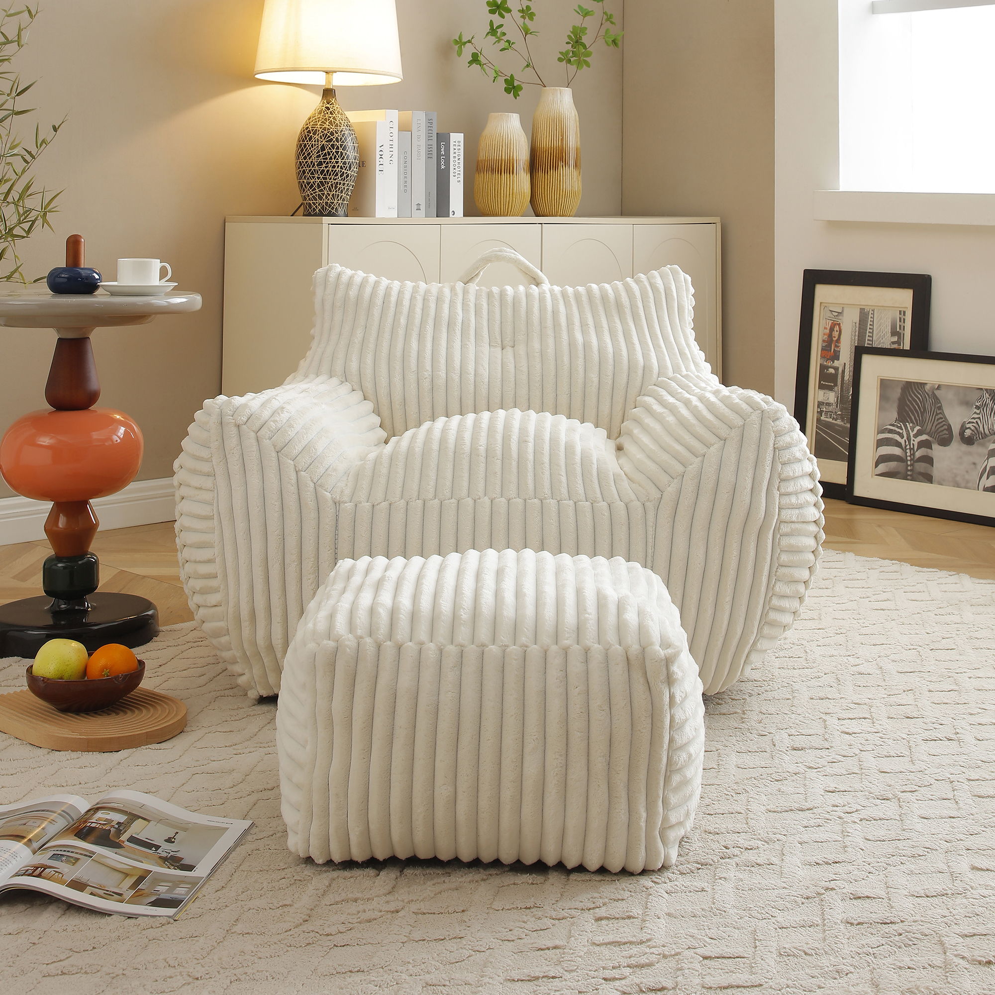 Giant Plush Bean Bag Chair With Armrests And Footstool
