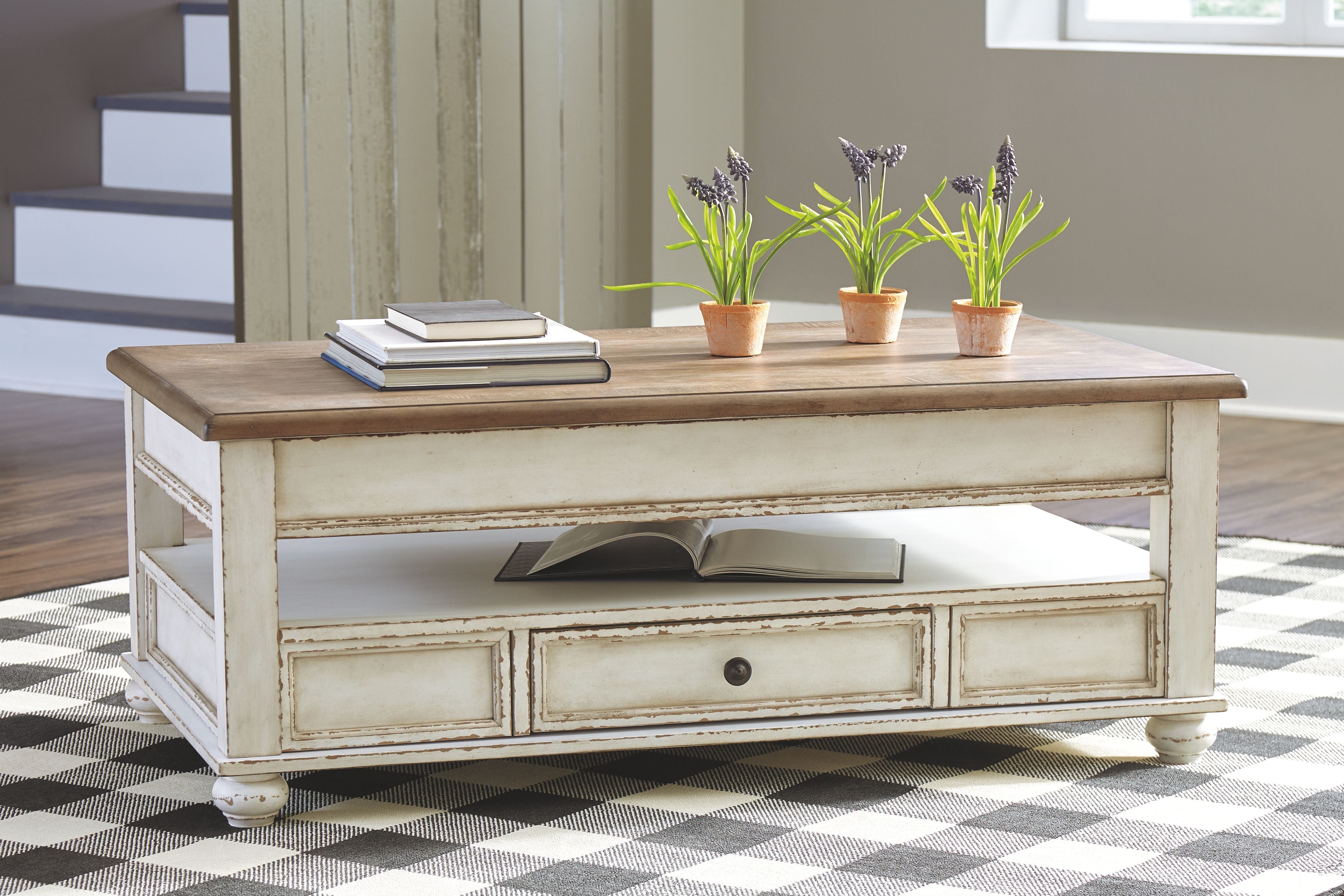 Ashley Furniture Realyn - White / Brown - Lift Top Cocktail Table | Meri Furniture