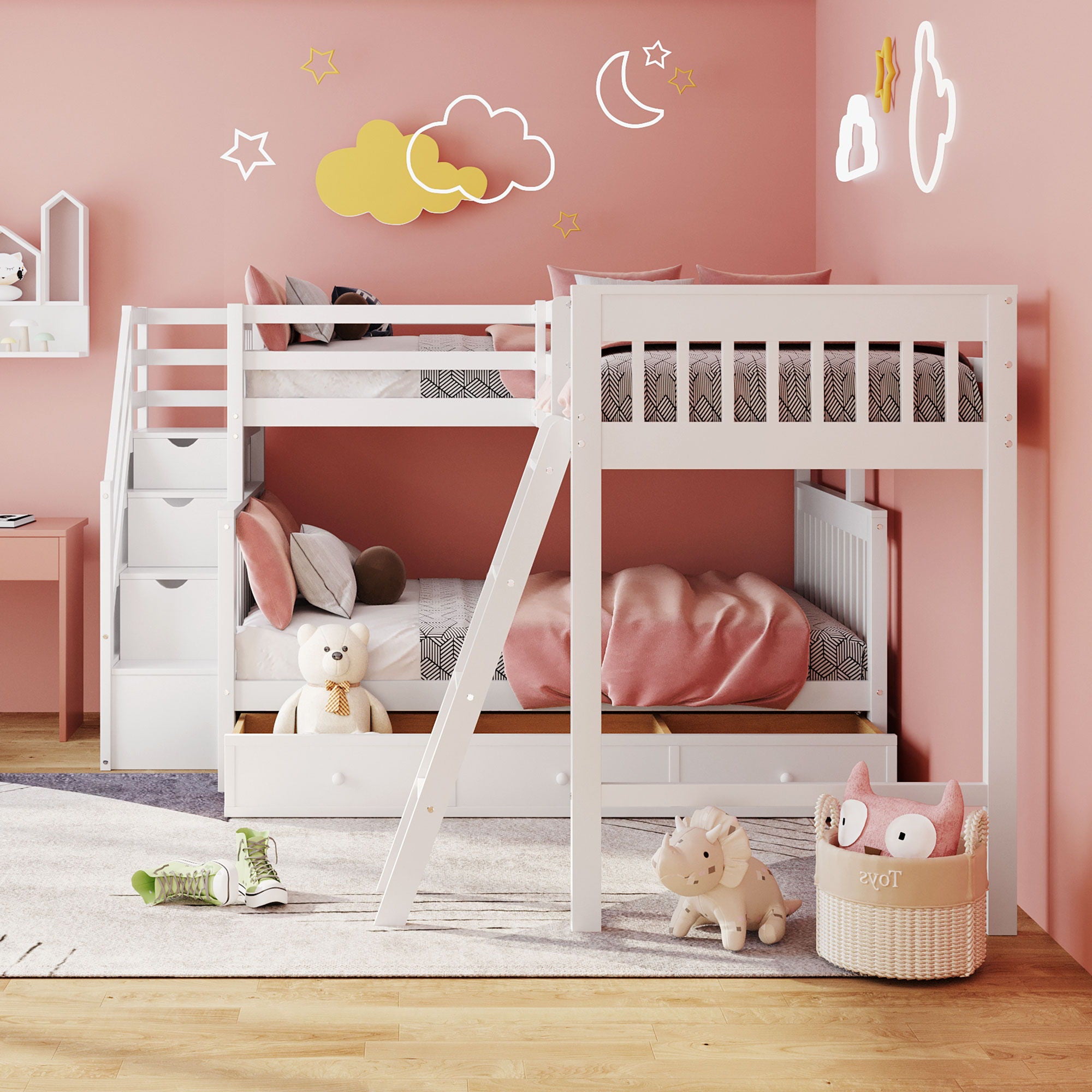 Solid L Shaped Bunk Bed With 3 Drawers, Ladder And Staircase