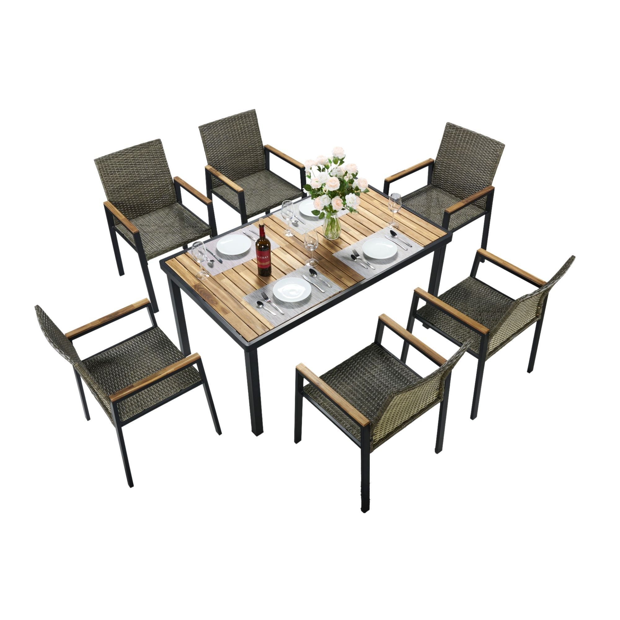 All Weather 7 Piece Patio Dining Table Set With Umbrella Hole - Brown / Gray