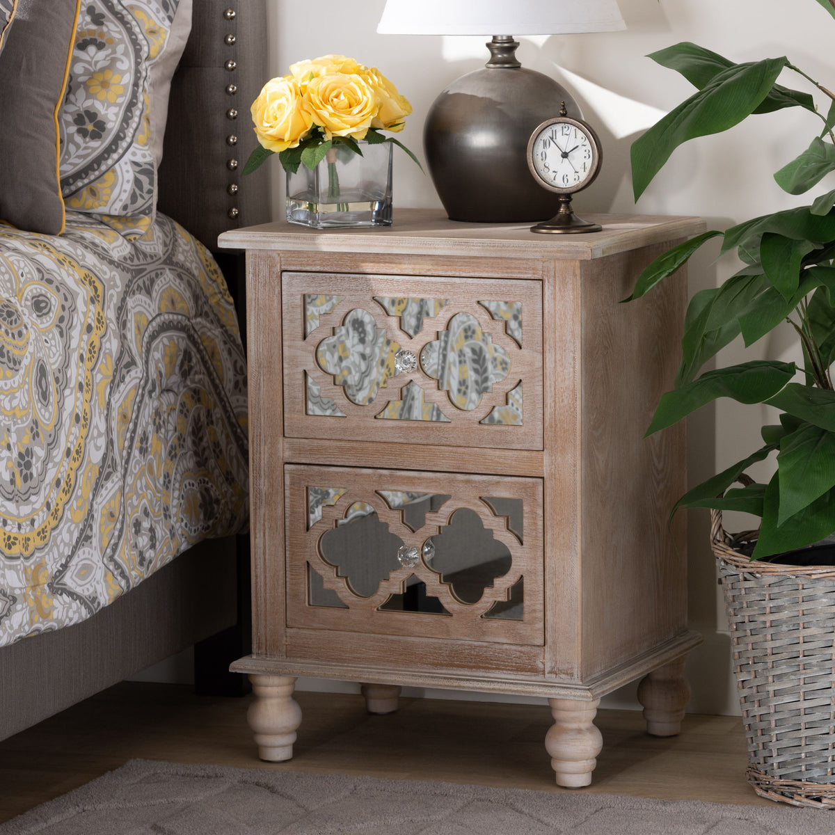 Celia Transitional Rustic French Country White-Washed Wood and Mirror 2-Drawer Quatrefoil End Table