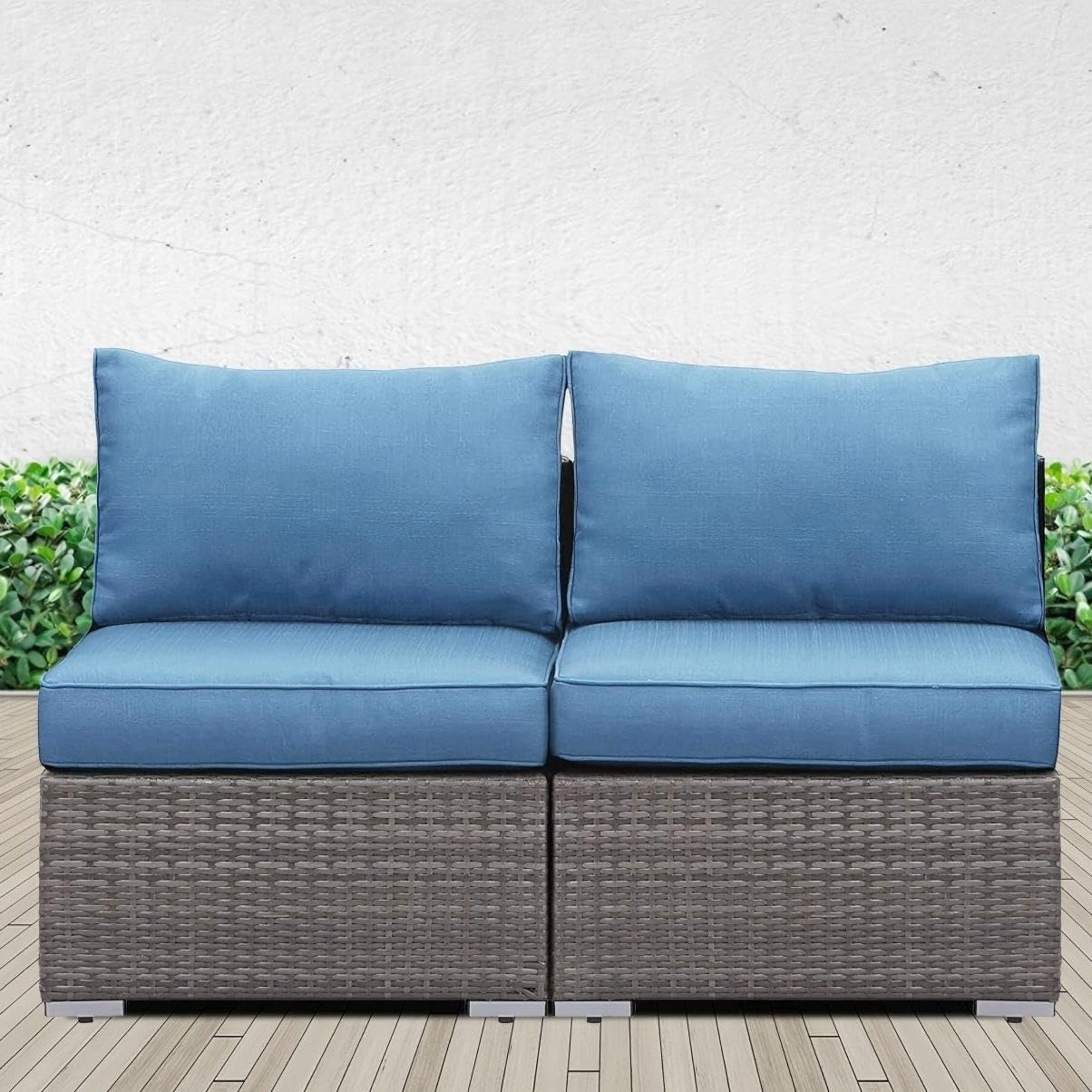 Armless Patio Sofa Set, With UV Resistant Frame And Waterproof Cushions - Blue / Brown