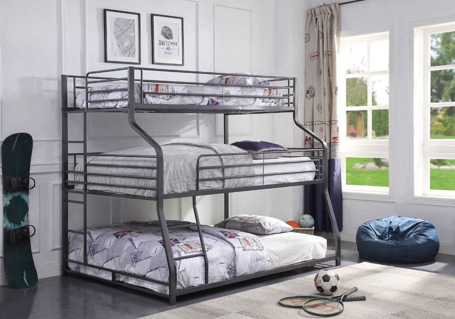 ACME Caius II - Triple Bunk Bed - Twin Over Full Over Queen - Gunmetal | Meri Furniture