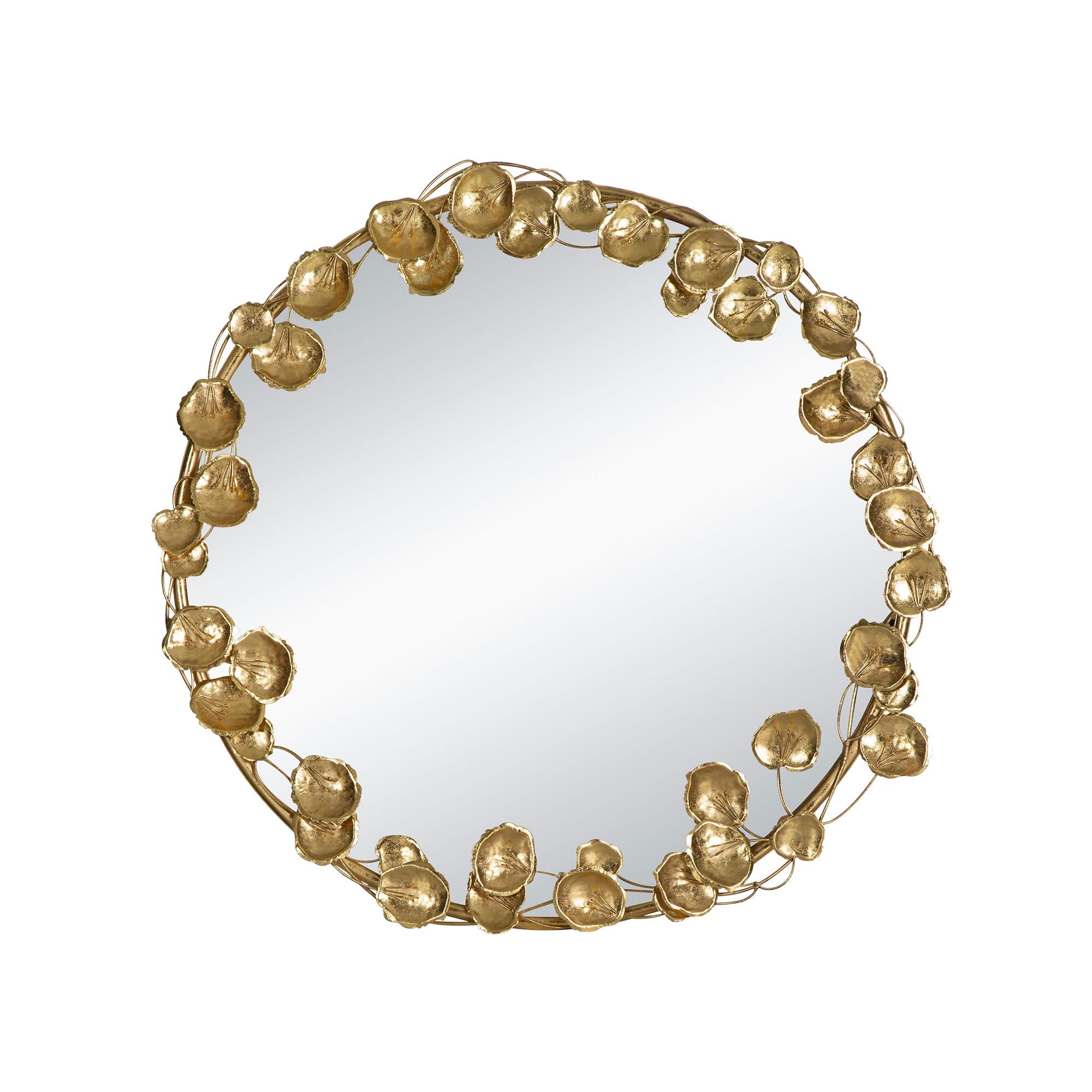 Round Metal Wall Mirror With en Leaf Accents, Modern Decor Mirror For Living Room Entryway Hallway - Gold