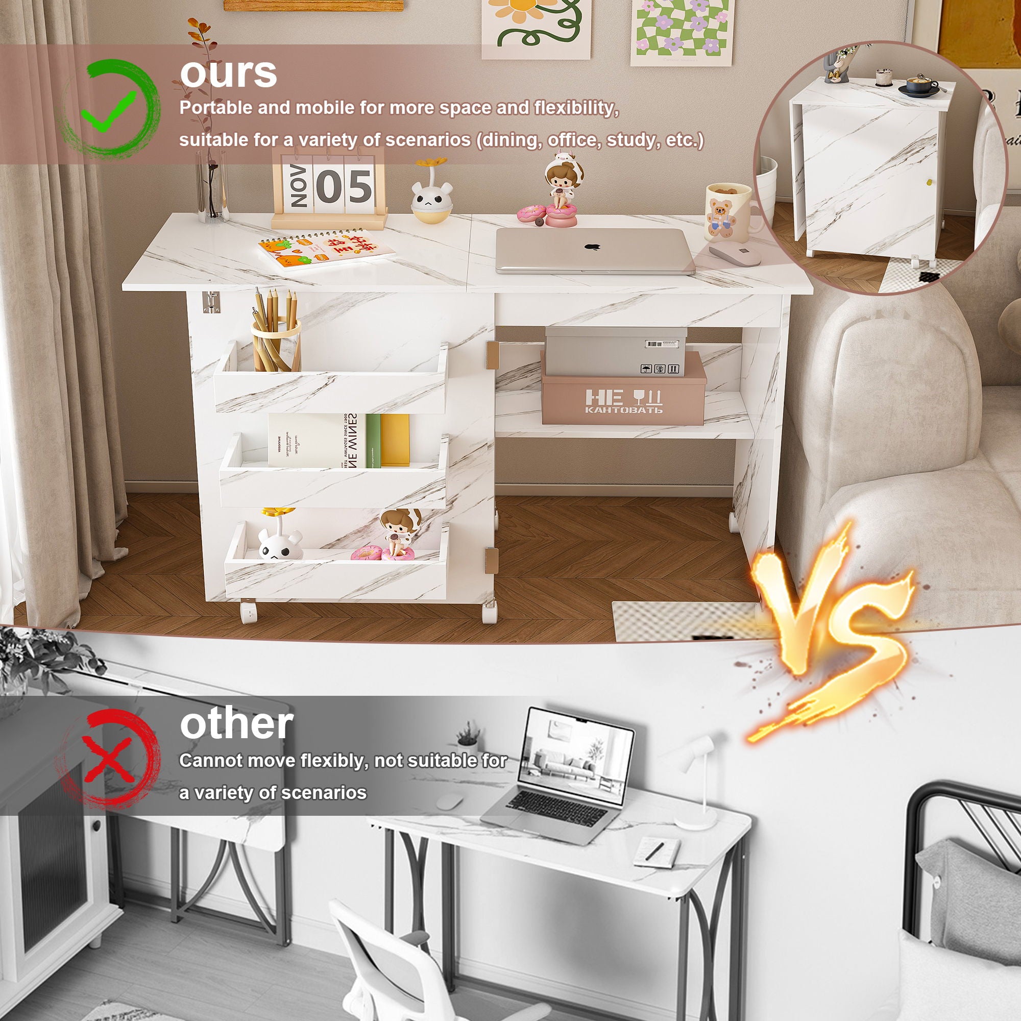 4 In 1 Folding Sewing Table With Lockable Wheels, Multi Functional Craft Station - White