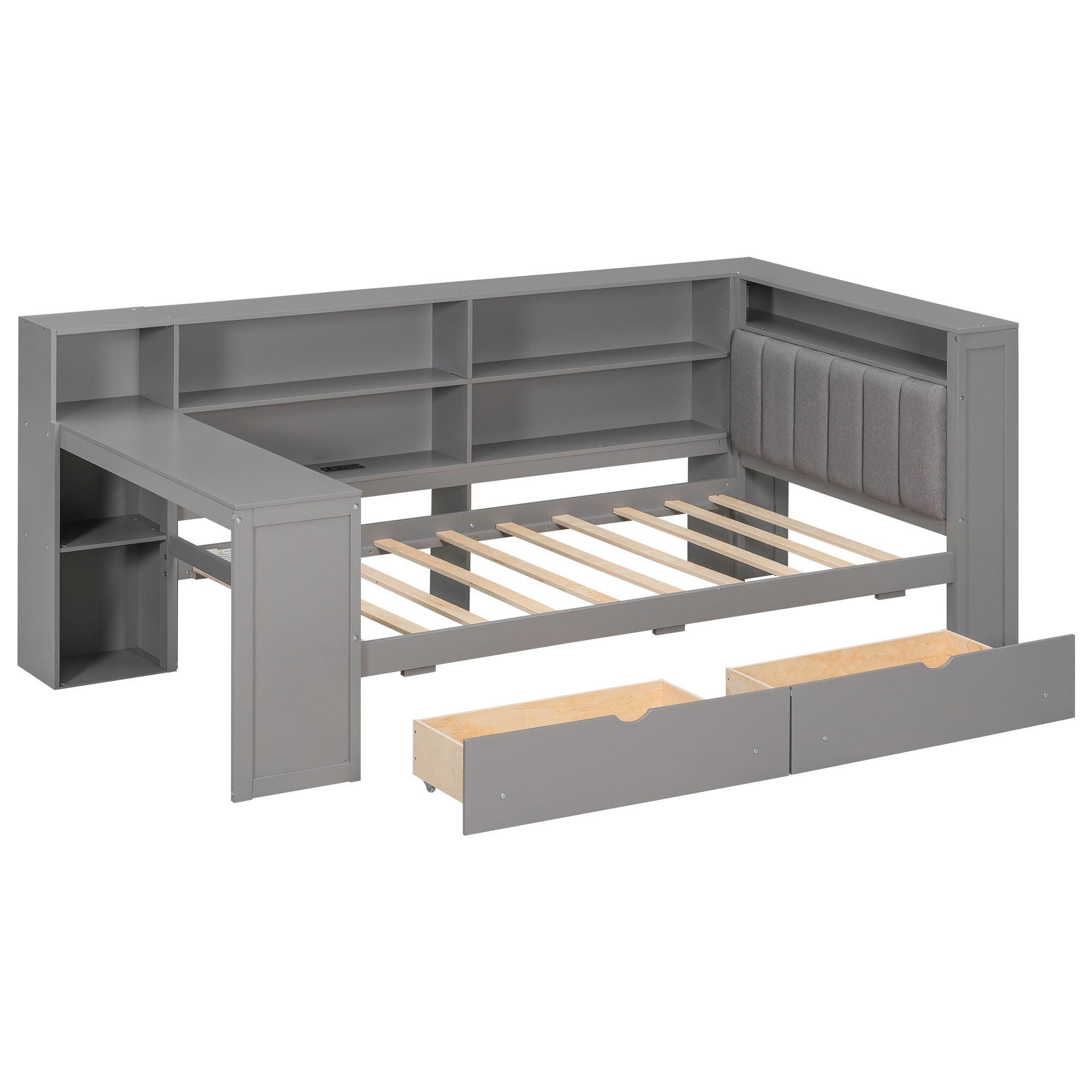 Platform Bed With Upholstered Headboard, Storage Shelves, Drawers, Charging Station, LED Lighting, Built In Desk