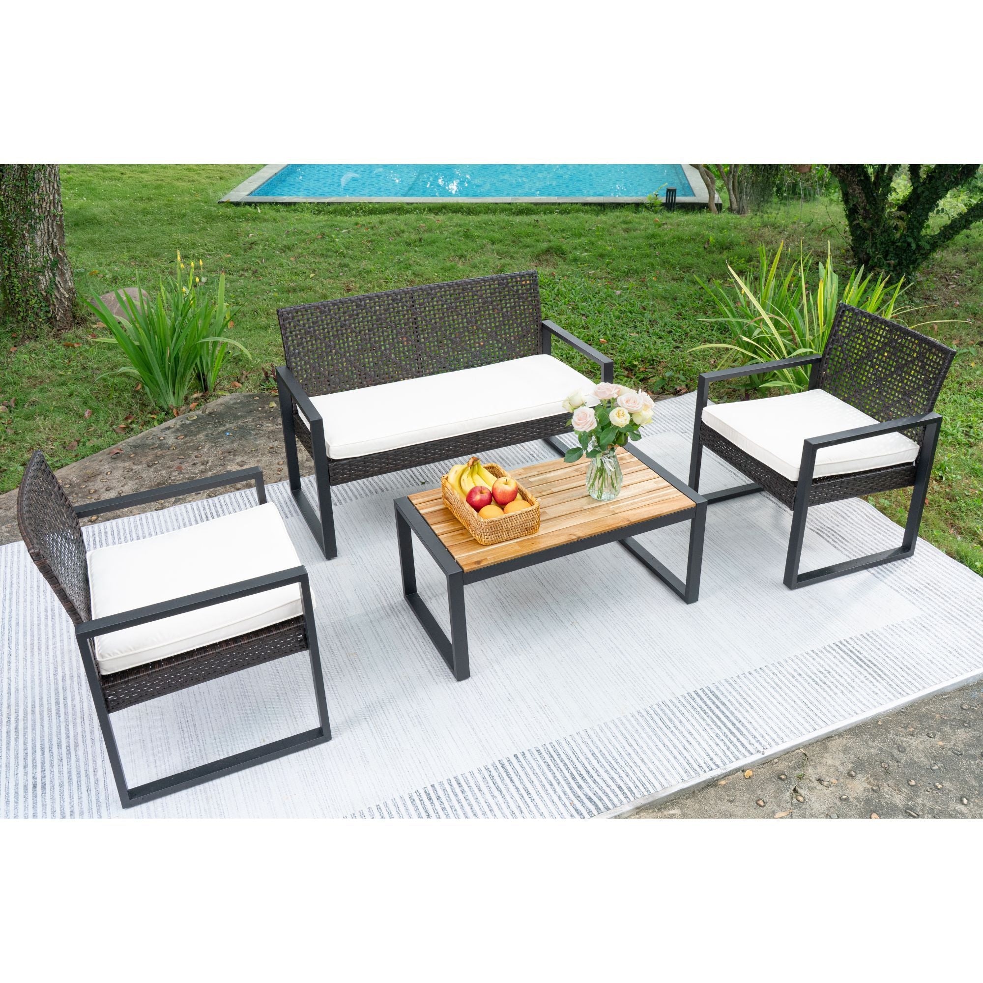 4 Piece Patio Furniture Set With Acacia Wood Table Top And Cushions