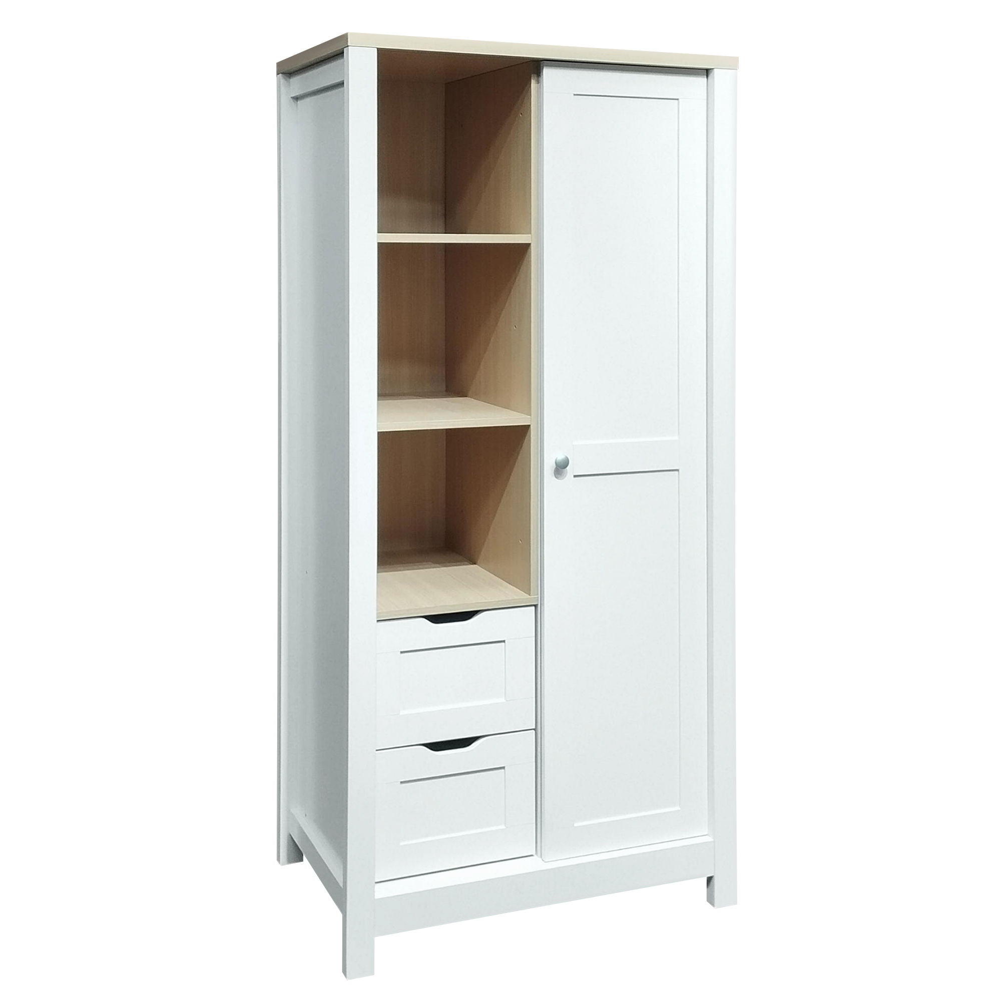 Modern Bedroom Storage Wardrobe With Hanging Rods, 2 Drawers, Open Shelves, Sliding Door - White