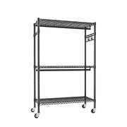 Heavy Duty Rolling Clothes Rack With 3 Tier Shelves, 2 Rails & Side Hooks, Adjustable Freestanding Organizer Metal - Black