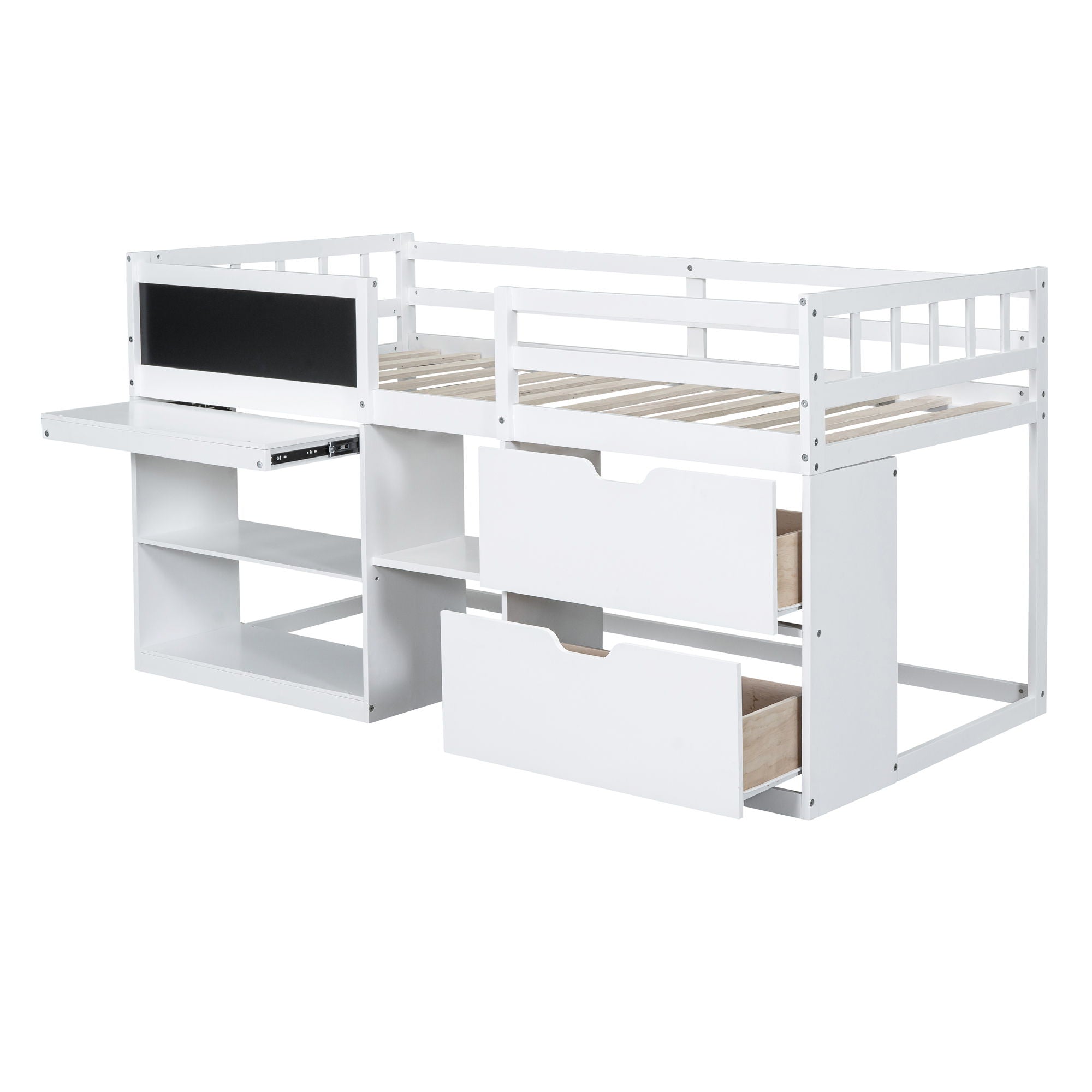 Low Loft Bed With Rolling Desk, Shelf And Drawers