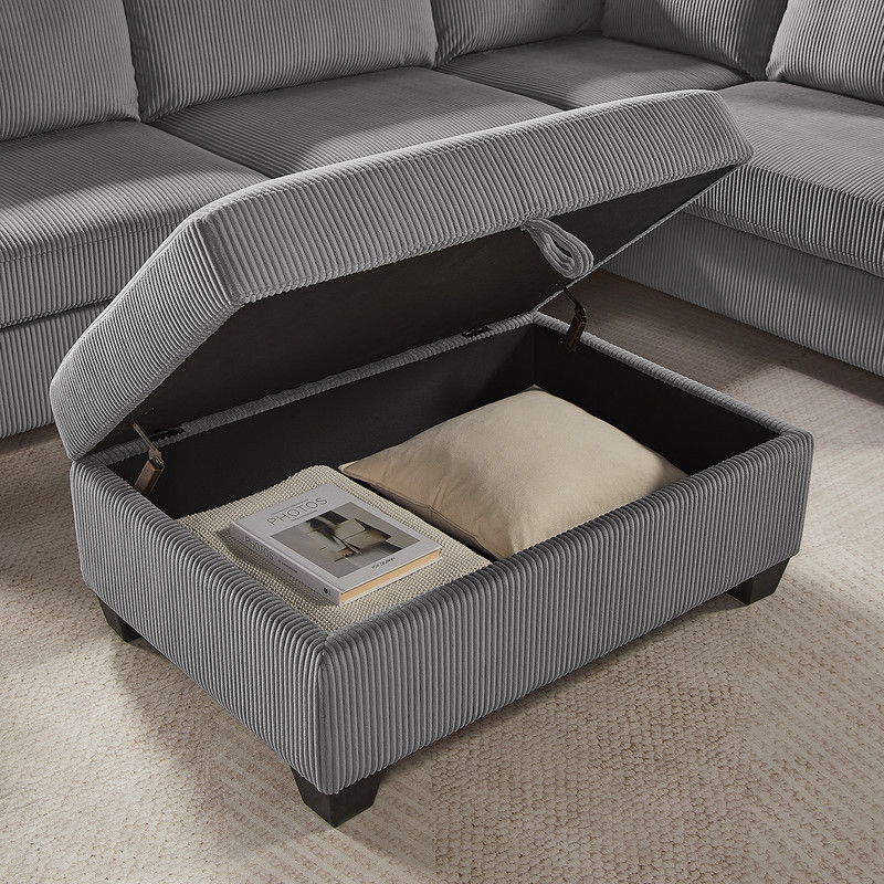 Rowan 107"W Dark Gray Corduroy Fabric Sectional Sofa with Right Facing Chaise, USB & USB-C Charging Port, Storage Ottoman, and Pillows