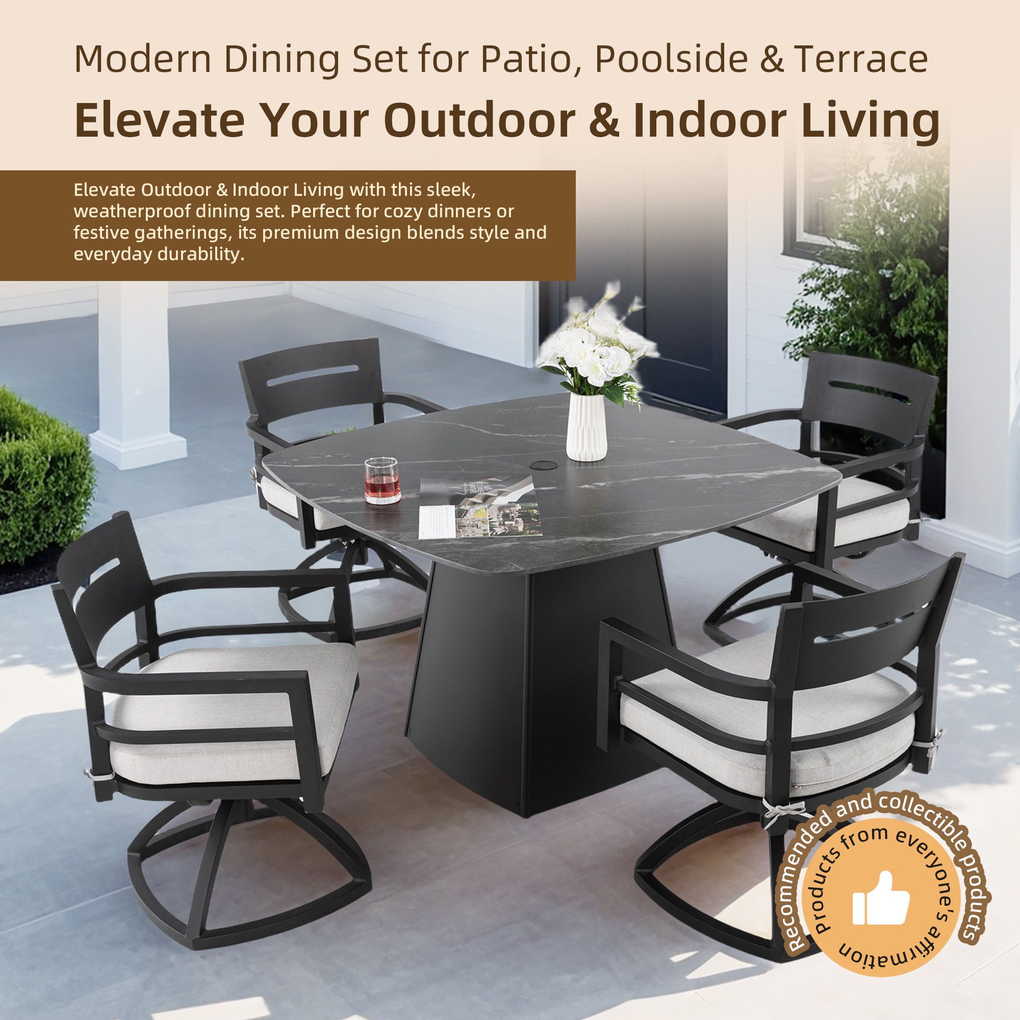 Outdoor Patio Dining Set, Squircle Dining Table, Dining Chairs With Sunbrella Cushions
