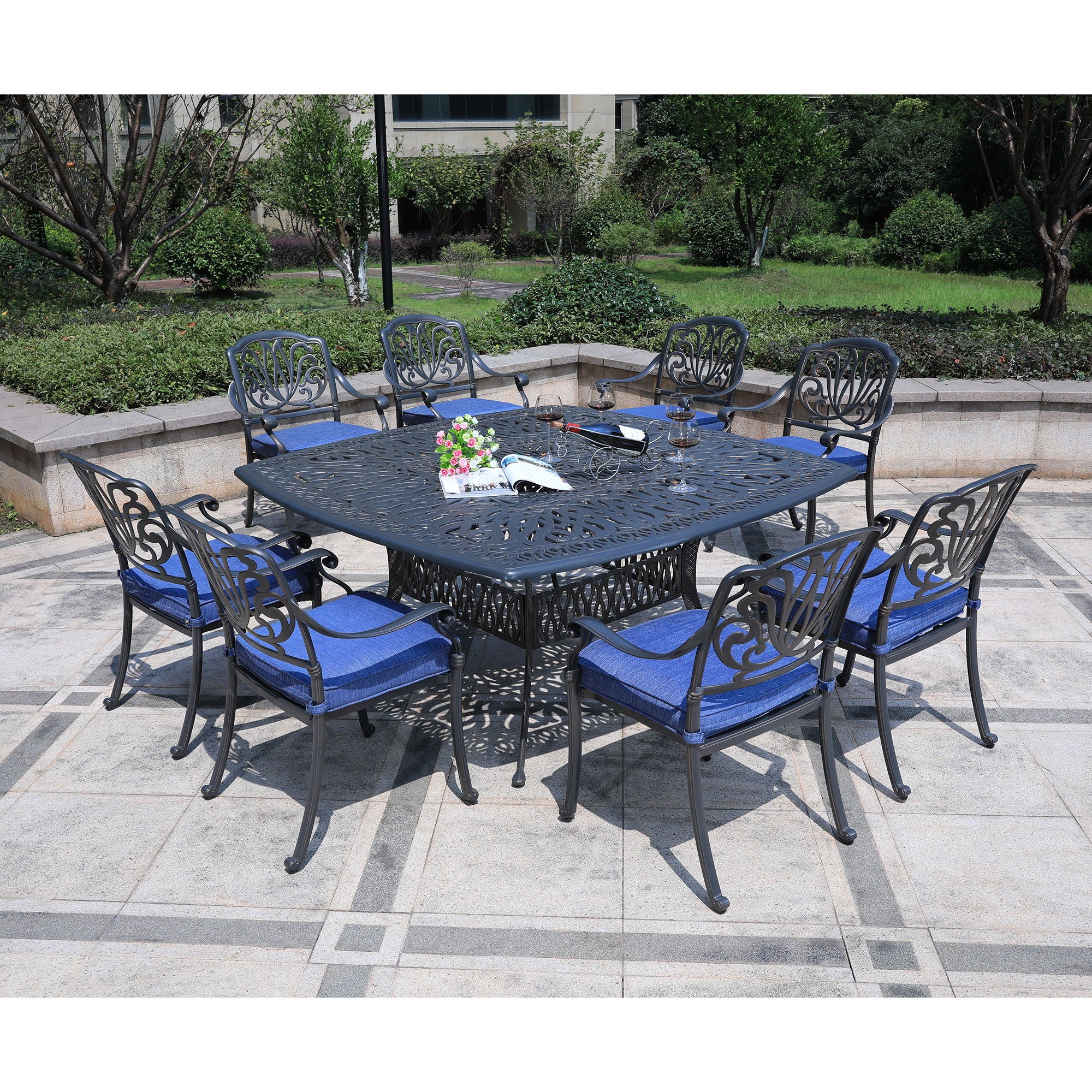 Square 8 Person 64" Long Aluminum Dining Set With Cushions
