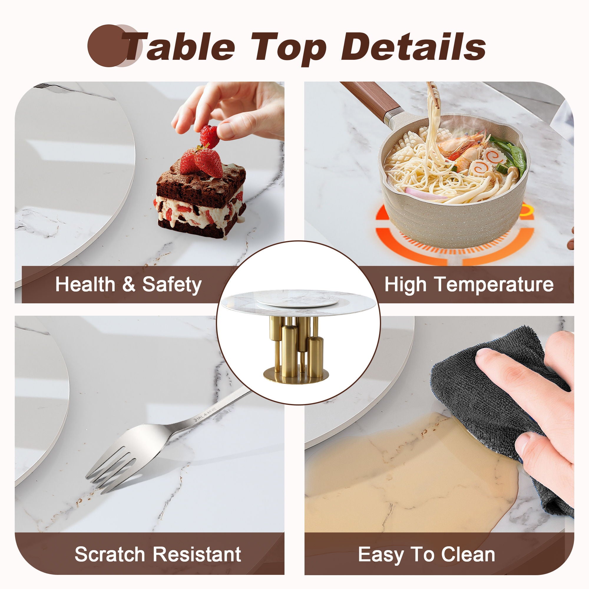 53" Round Marble Dining Table With Lazy Susan, Dining Room, Dinette (Table Only) - Gold / Gold / White