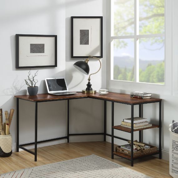 KD• L Shape Writing Desk• 2 Tier Shelf Under Table Top• Includes USB Charging Port• Open Metal Frame