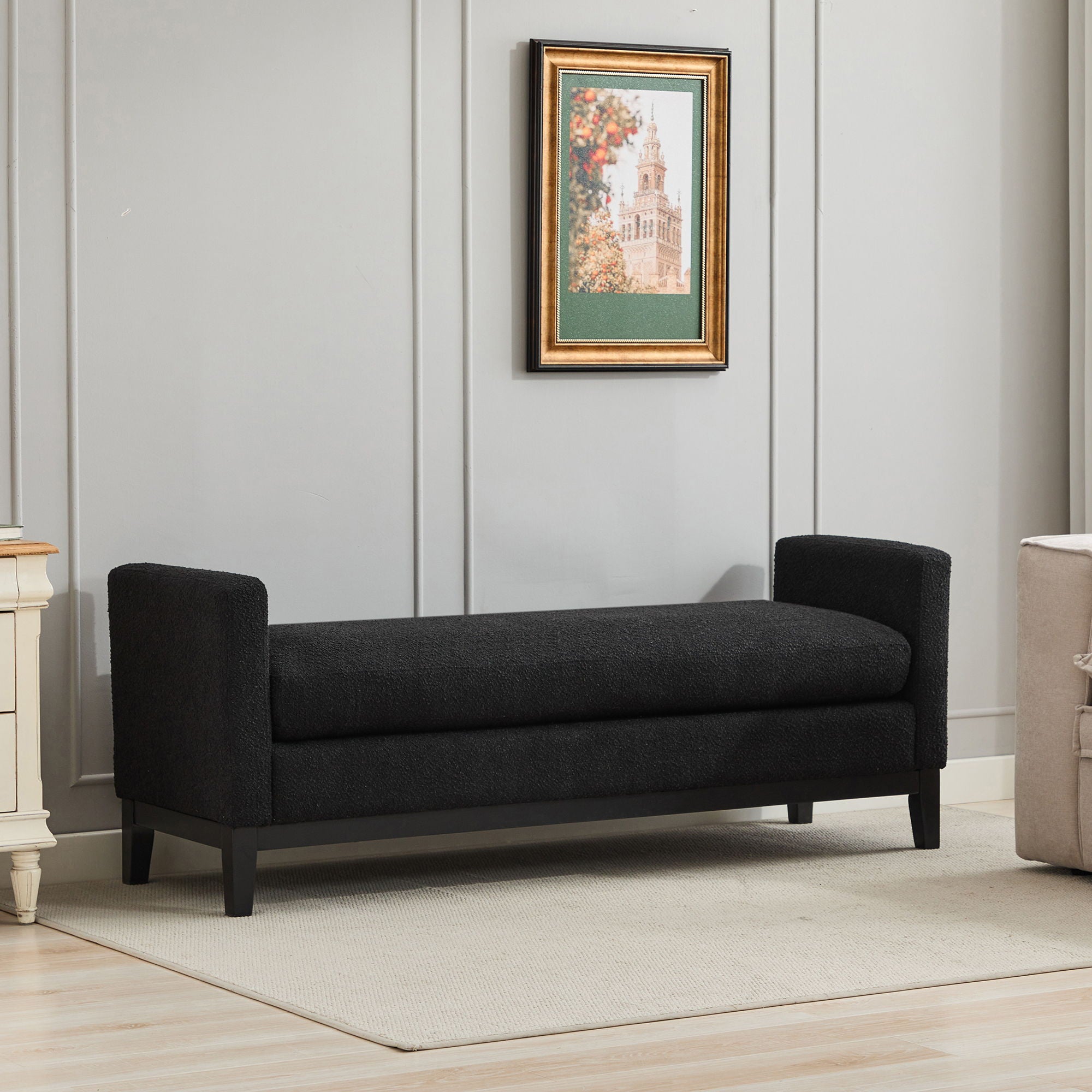 Elegant Upholstered Bench, Daybed, Ottoman With Wood Legs & 2 Bolster Pillows - Black Boucle