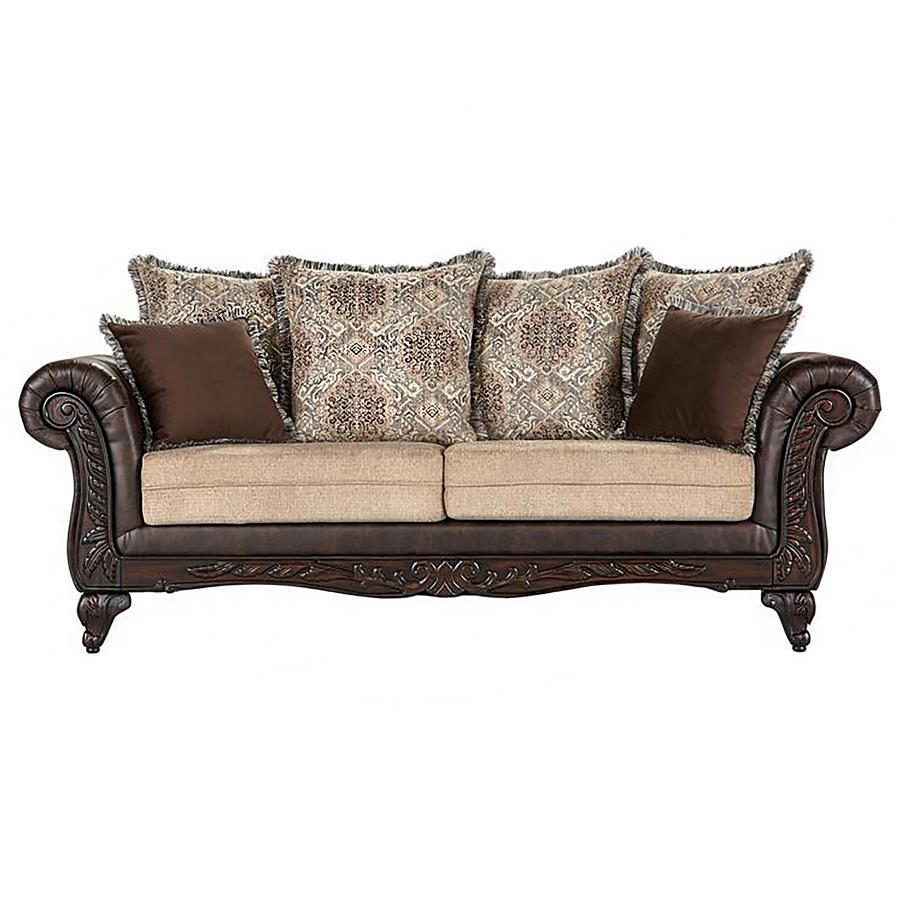 Coaster Fine Furniture Elmbrook - Upholstered Rolled Arm Sofa Set With Intricate Wood | Meri Furniture