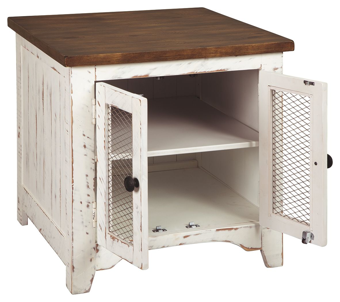 Ashley Furniture Wystfield - White / Brown - Rectangular End Table - 2 Doors | Meri Furniture