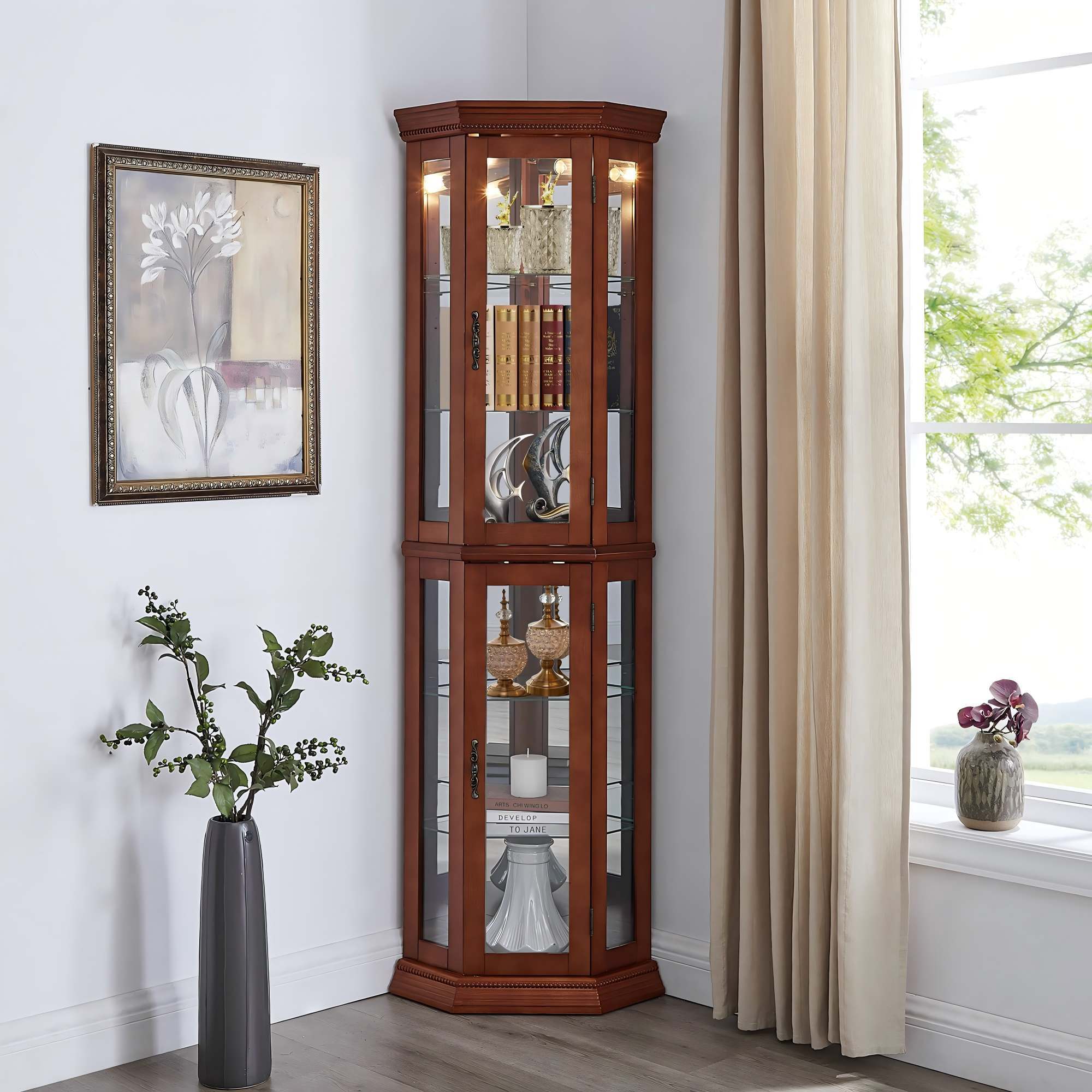 Corner Curio Cabinet With Lights, Adjustable Tempered Glass Shelves, Mirrored Back, Display Cabinet (E26 Light Bulb Not Included)