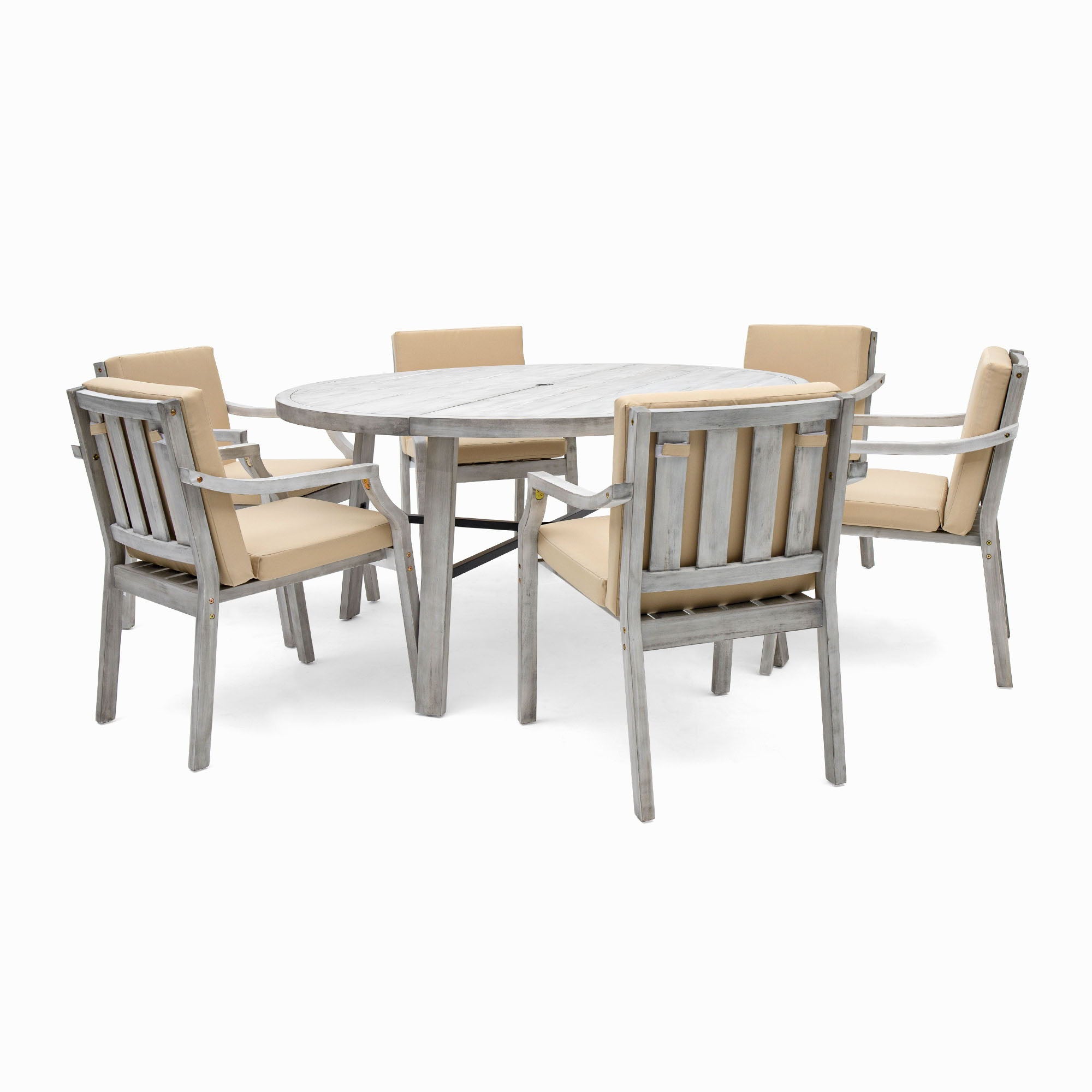 6 Person Outdoor Wooden Dining Set With Umbrella Hole And Removable Cushions For Patio - Gray