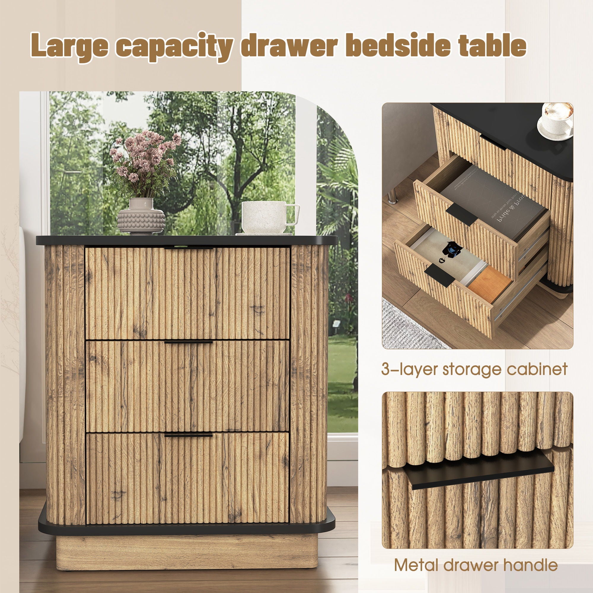 Multi Functional 3 Drawer Nightstand, Perfect For Storing Items Of Different Heights, A Perfect Combination Of Nature And Fashion - Black