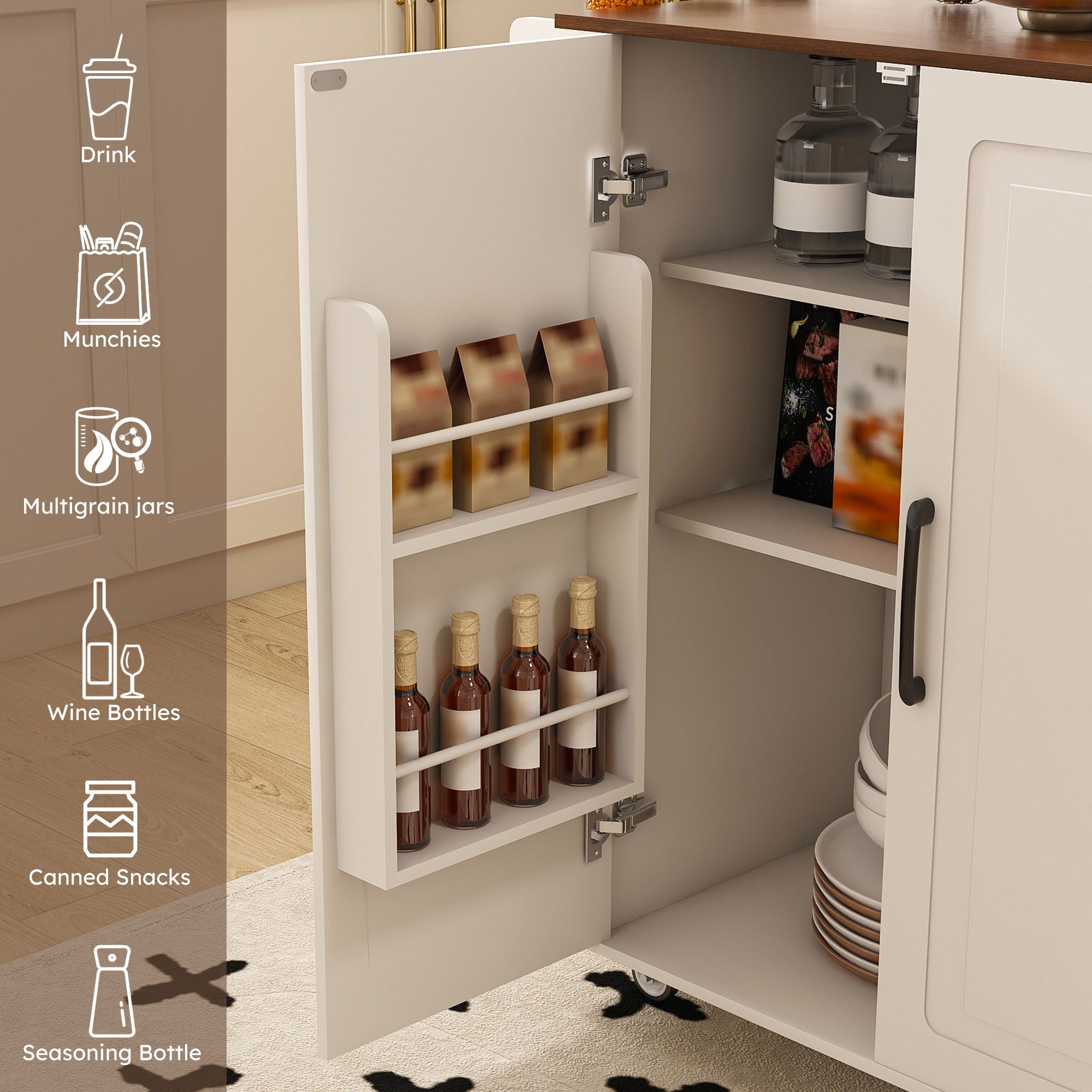 Kitchen Island Cart With Foldable Tabletop & Drop Leaf Mobile Breakfast Bar With Wood Top And Storage - White / Walnut