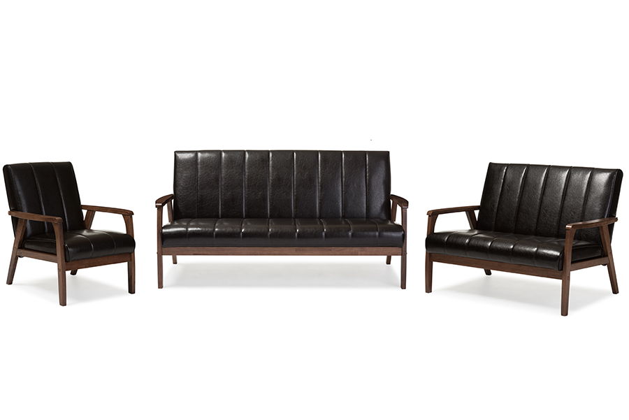 Nikko Mid-century Modern Scandinavian Style Dark Brown Faux Leather 3 Pieces Living Room Sets
