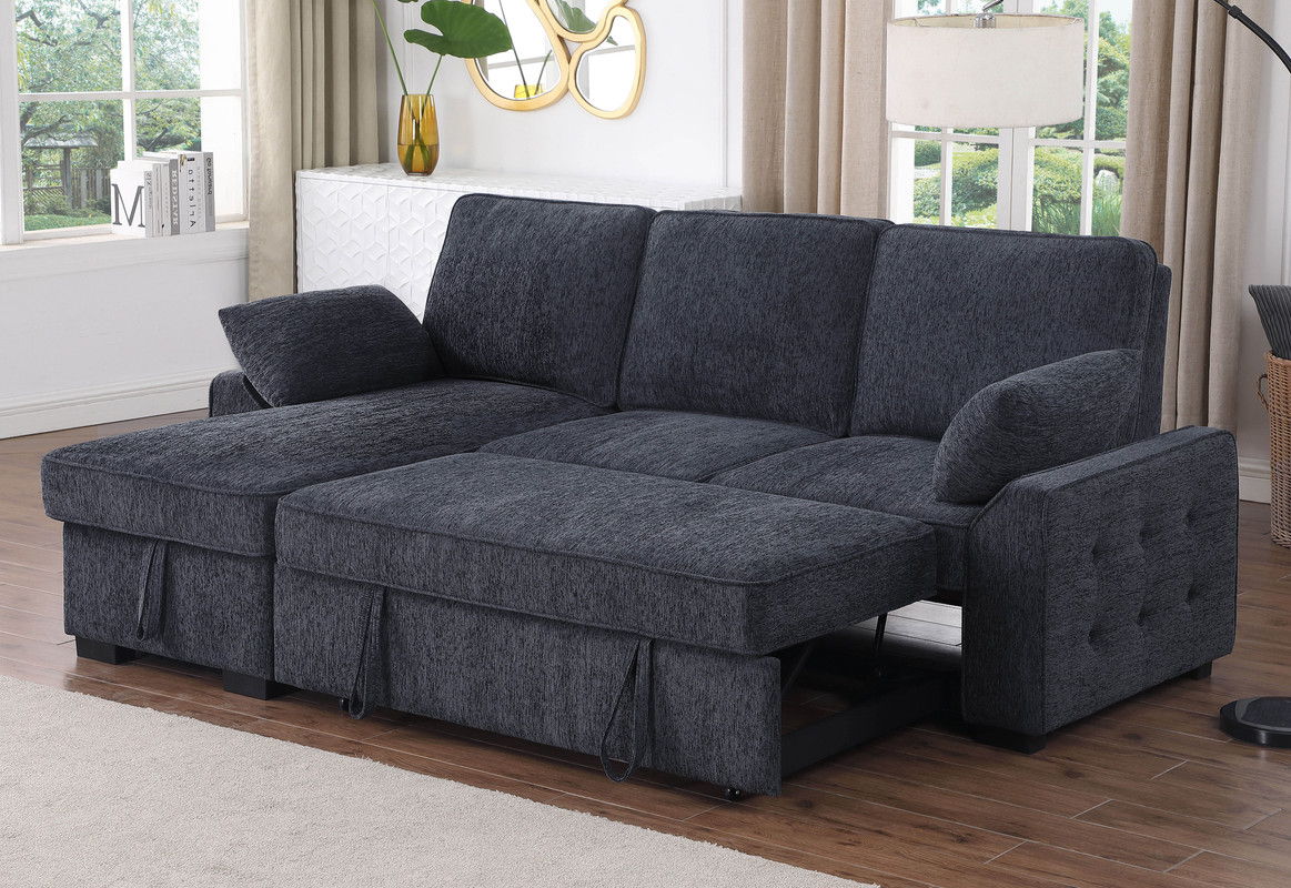 Mackenzie 91"W Charcoal Chenille Fabric Reversible Sleeper Sectional with Storage Chaise, Drop-Down Table, Cup Holders and Charging Ports