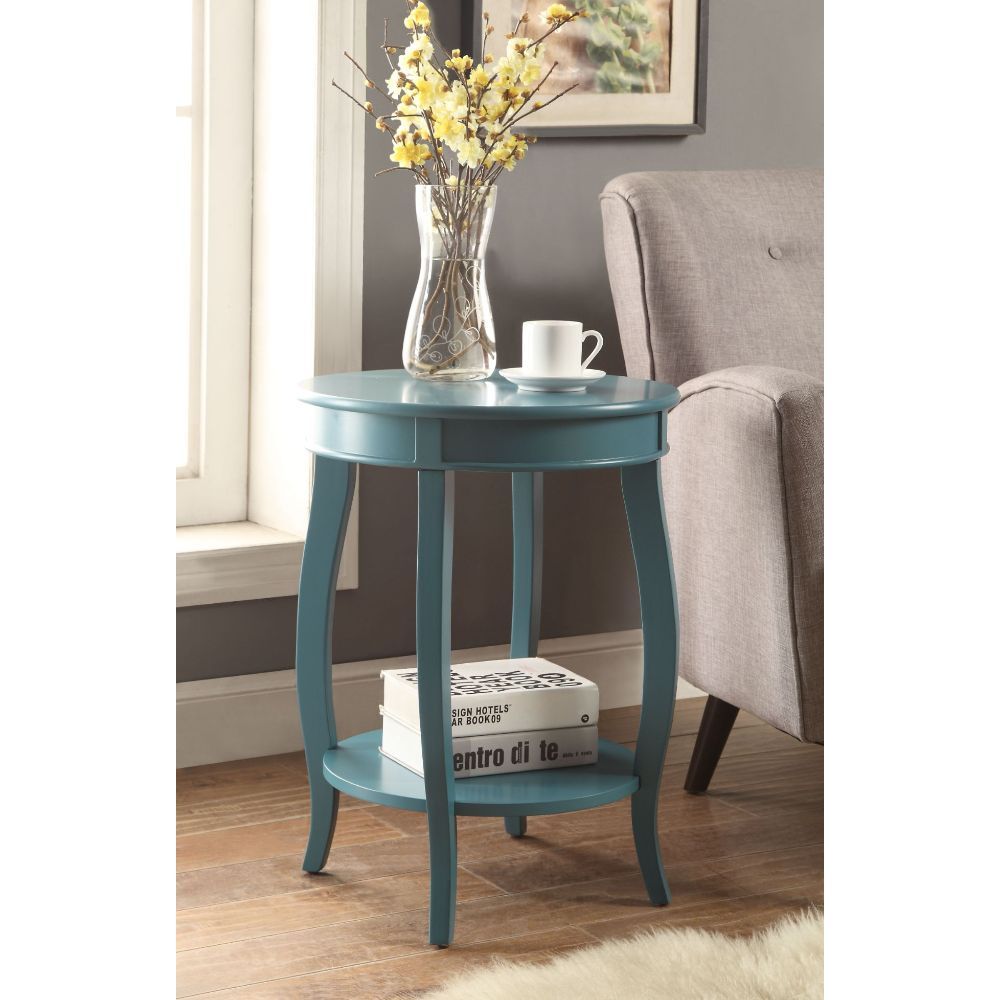 ACME This Alberta side table will be your favorite accent piece with its round top form and stylized legs. Offered in four different colors: Antique White, walnut, red, and teal. One is sure to fit perfect with your style. | Meri Furniture