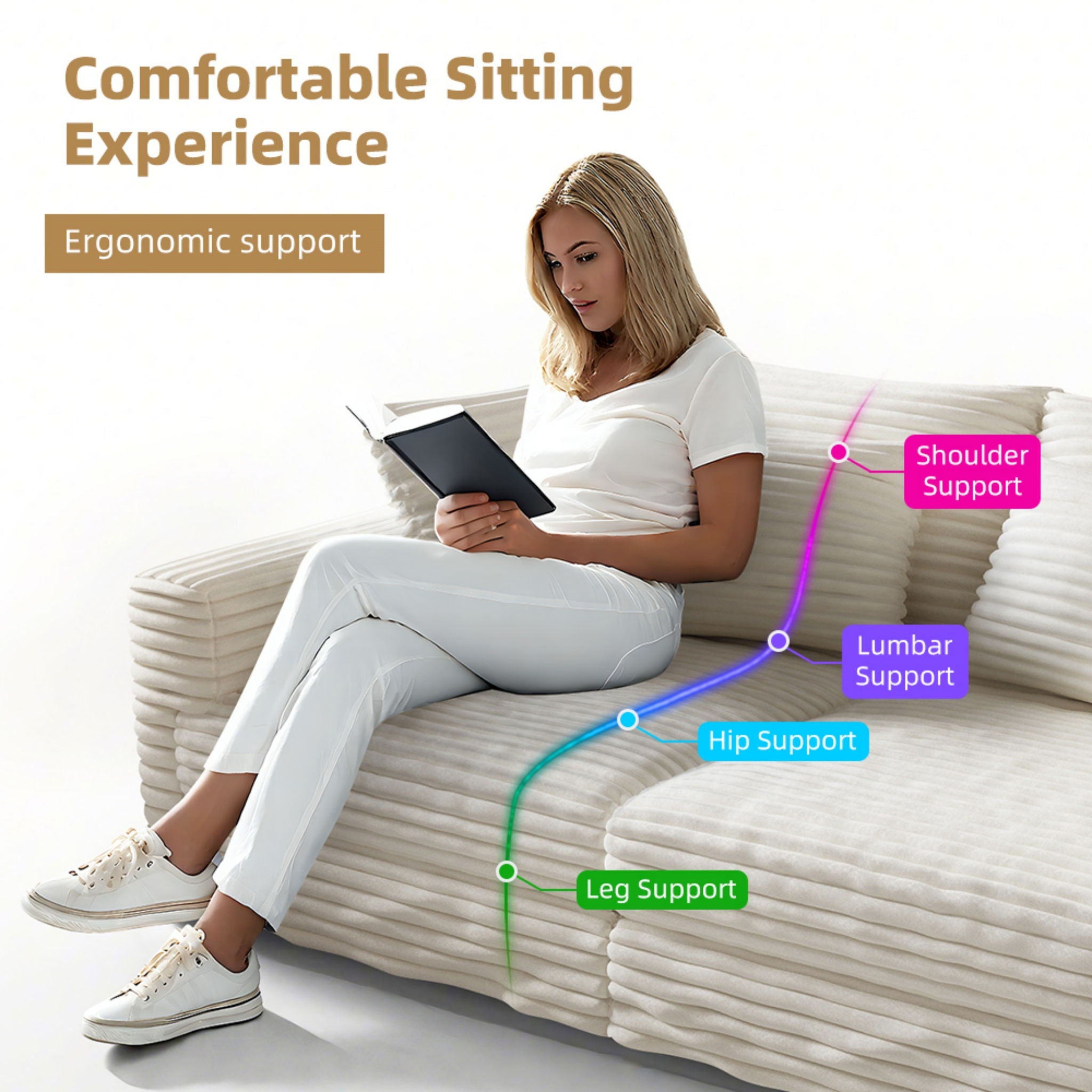 Plush Corduroy 4 Seat Sofa With Soft Pillows And Movable Ottoman