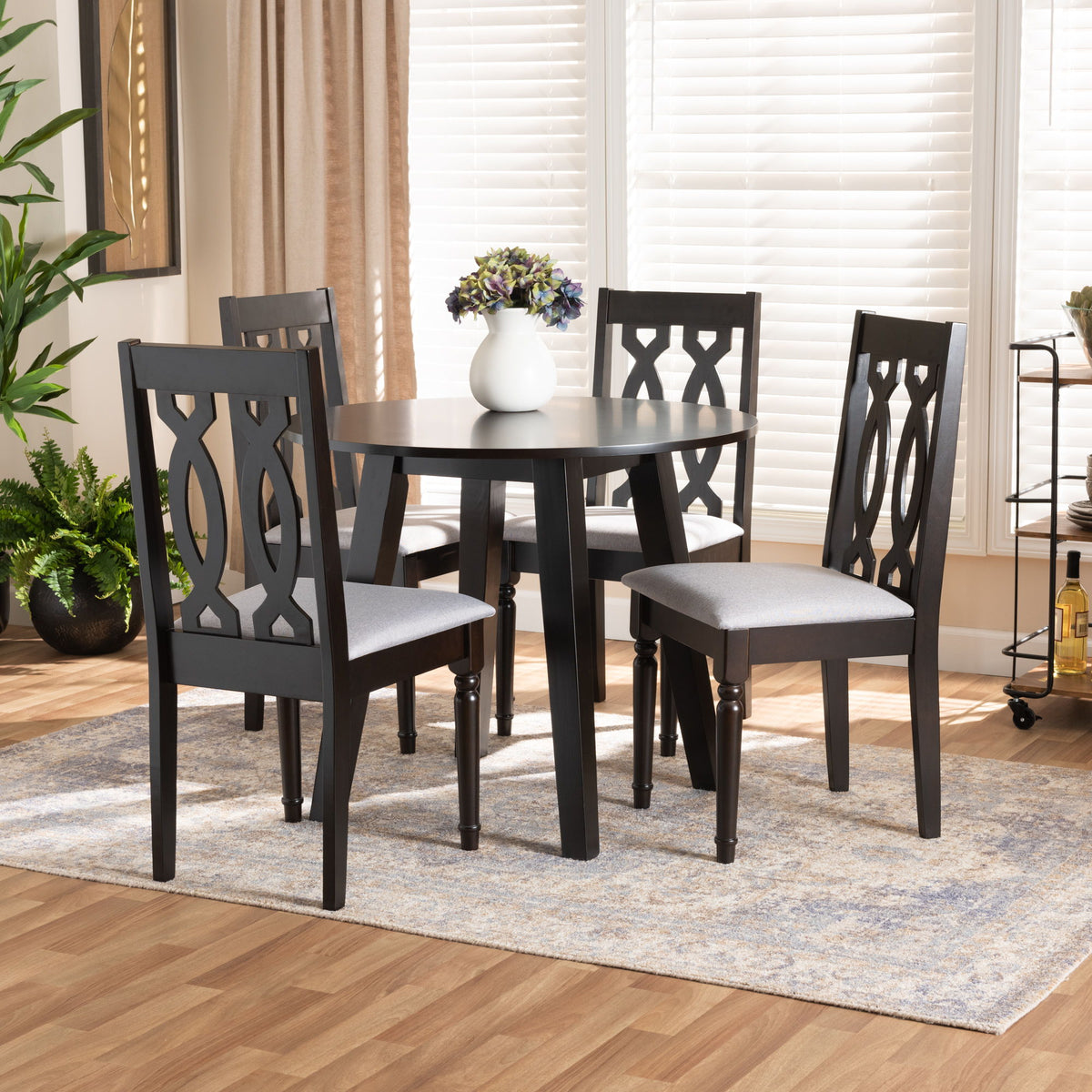 Imogen Modern and Contemporary Grey Fabric Upholstered and Dark Brown Finished Wood 5-Piece Dining Set