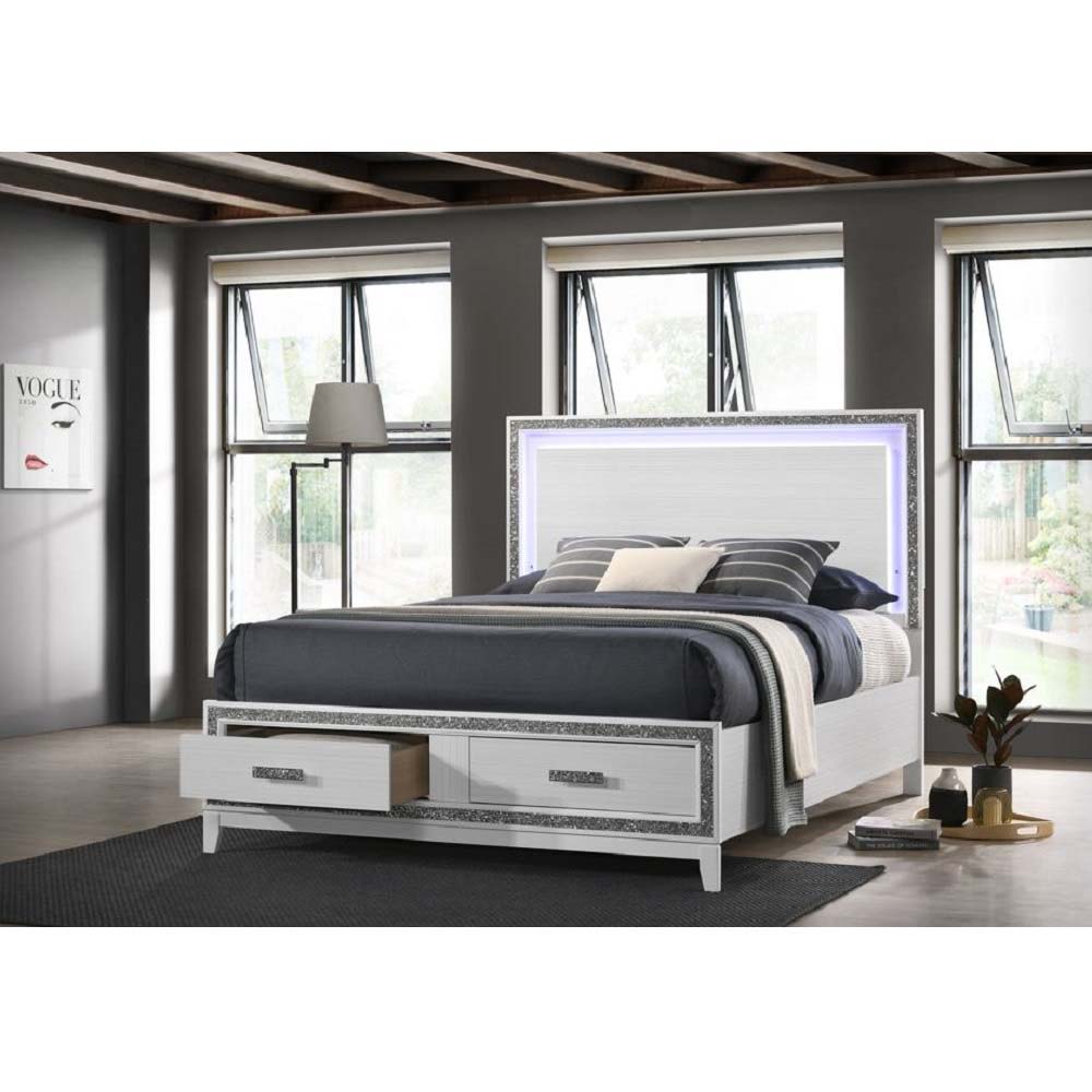 Box Spring Required Panel Headboard w/LED Shimmering Silver Trim Accent Storage Footboard