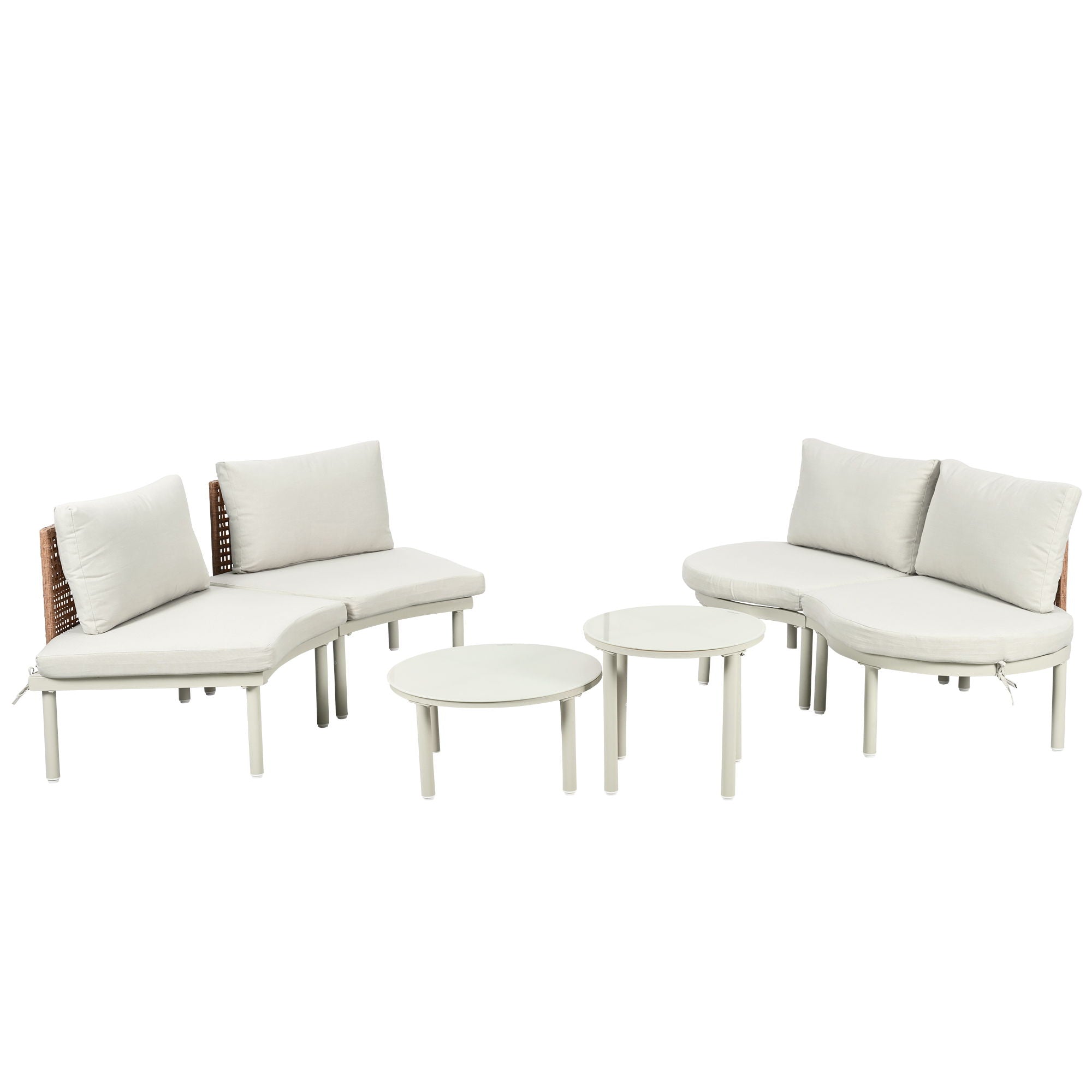 6 Piece Patio Set, Half Moon Outdoor Sectional Sofa With 2 High Low Coffee Tables, 4 Pillows & Cushions