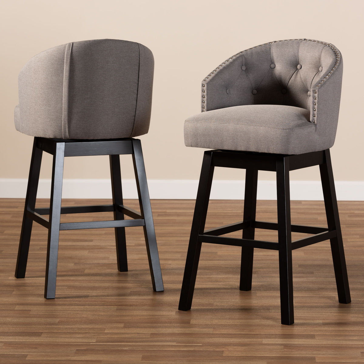 Theron Transitional Gray Fabric Upholstered Wood Swivel Bar Stool Set of 2