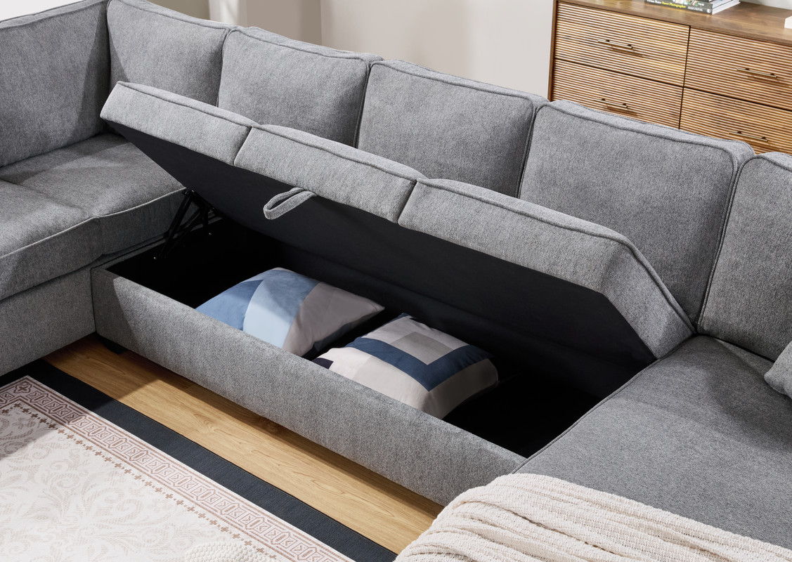 Samara 137"W Gray Chenille Sectional Sofa with Right-Facing Chaise, Underseat Storage, Throw Pillows