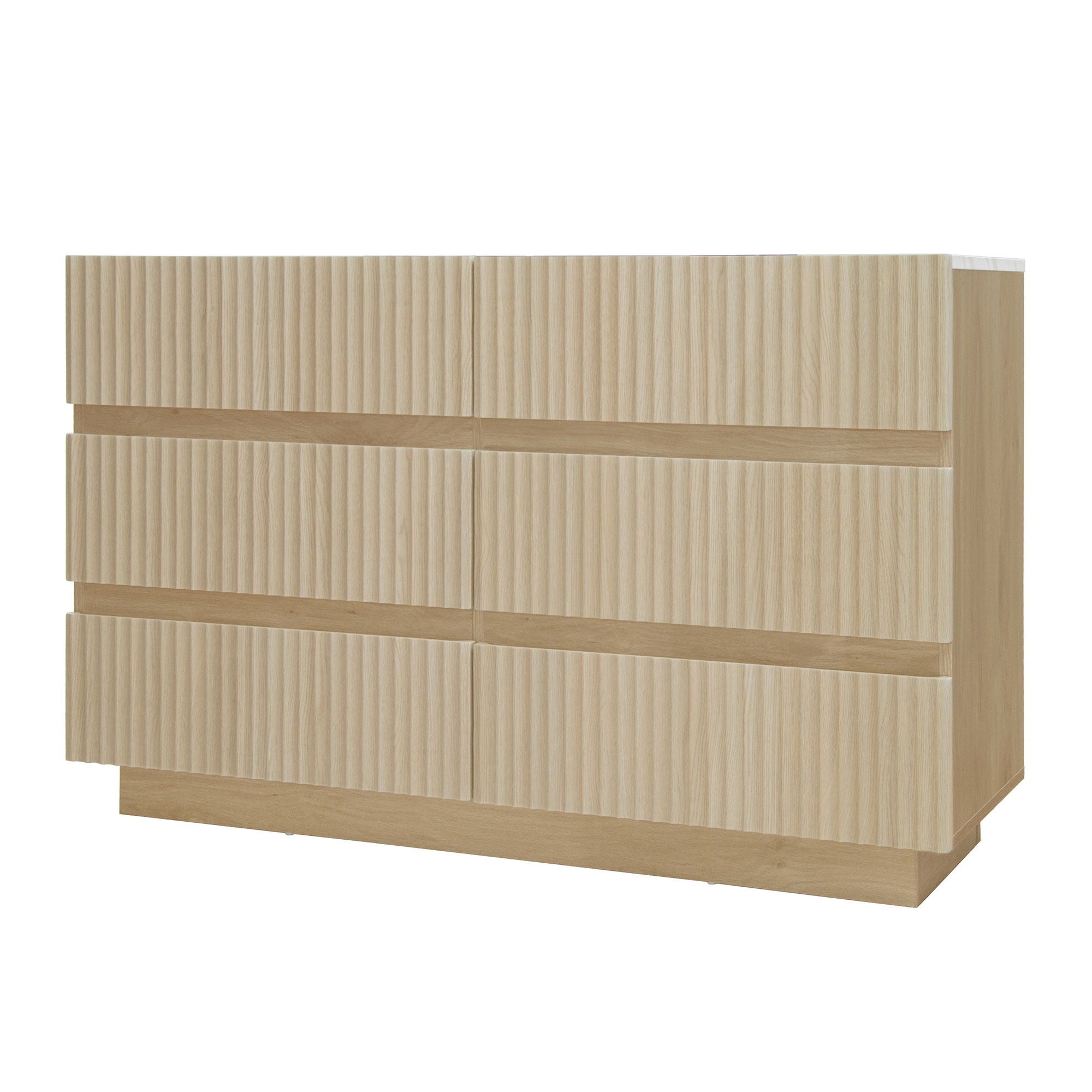 Fluted 6 Drawers Dresser, Double Dresser Chest Of Drawers, Modern Chest Of Drawers With LED, Drawer Organizer For Bedroom, Living Room, Hallway - Natural