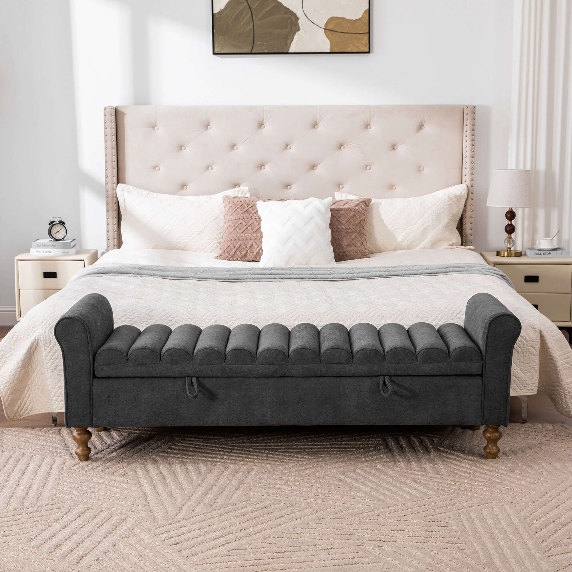 Wide Modern Upholstered Storage Bench With Rolled Armrest