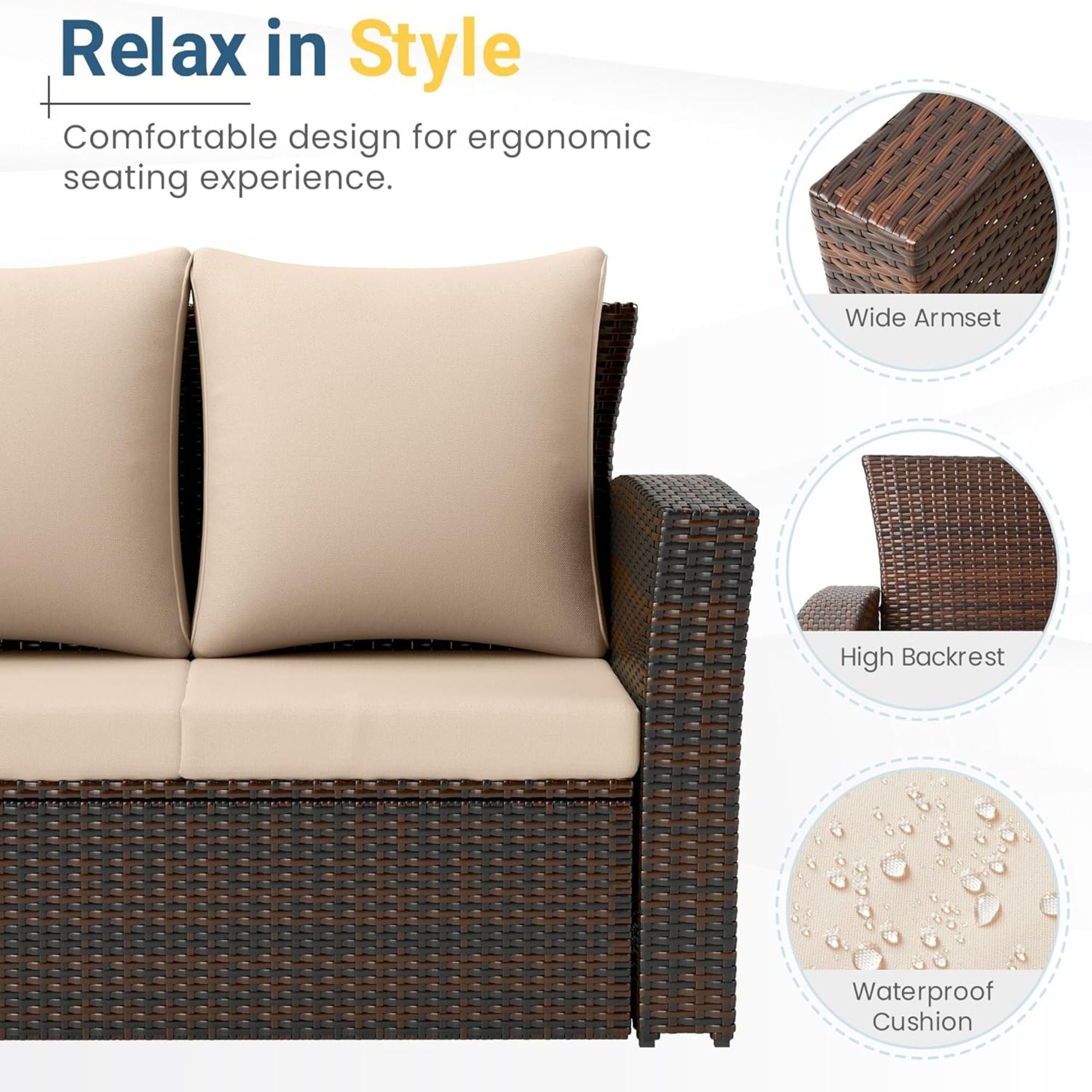All-Weather Wicker 3 Seat Patio Sofa With Thick Cushions