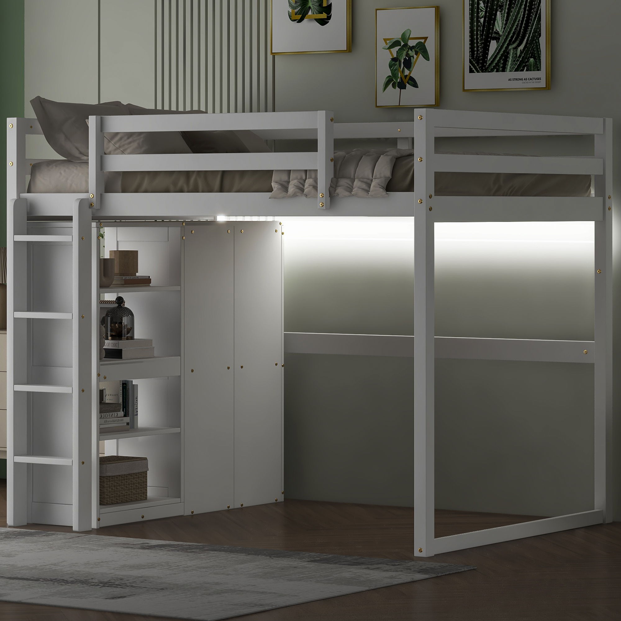 Loft Bed With Built In Wardrobe, Storage Shelves, And LED Light