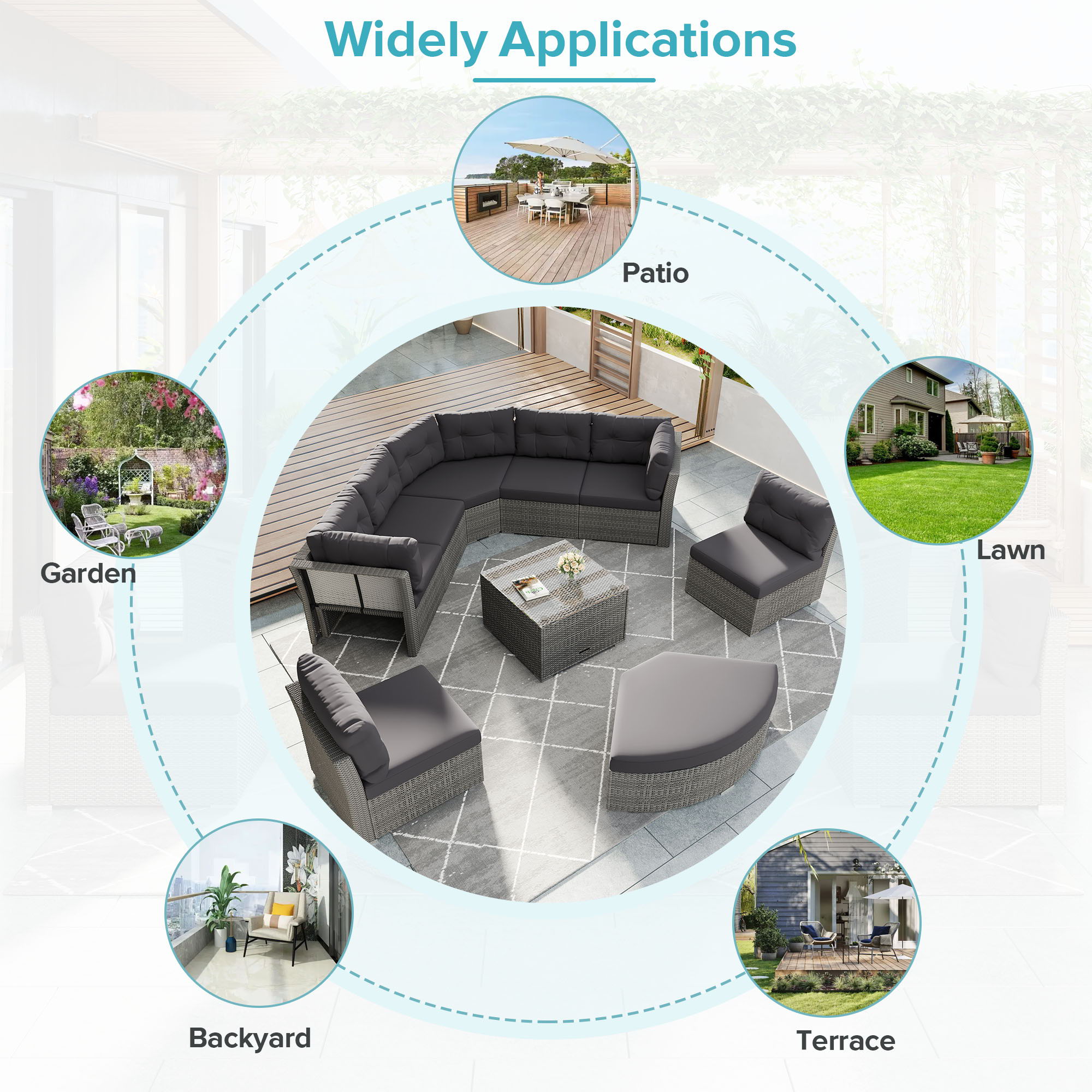 Elegant Patio Furniture Set Outdoor Daybed Rattan Sectional With Cushions And Center Table - Gray