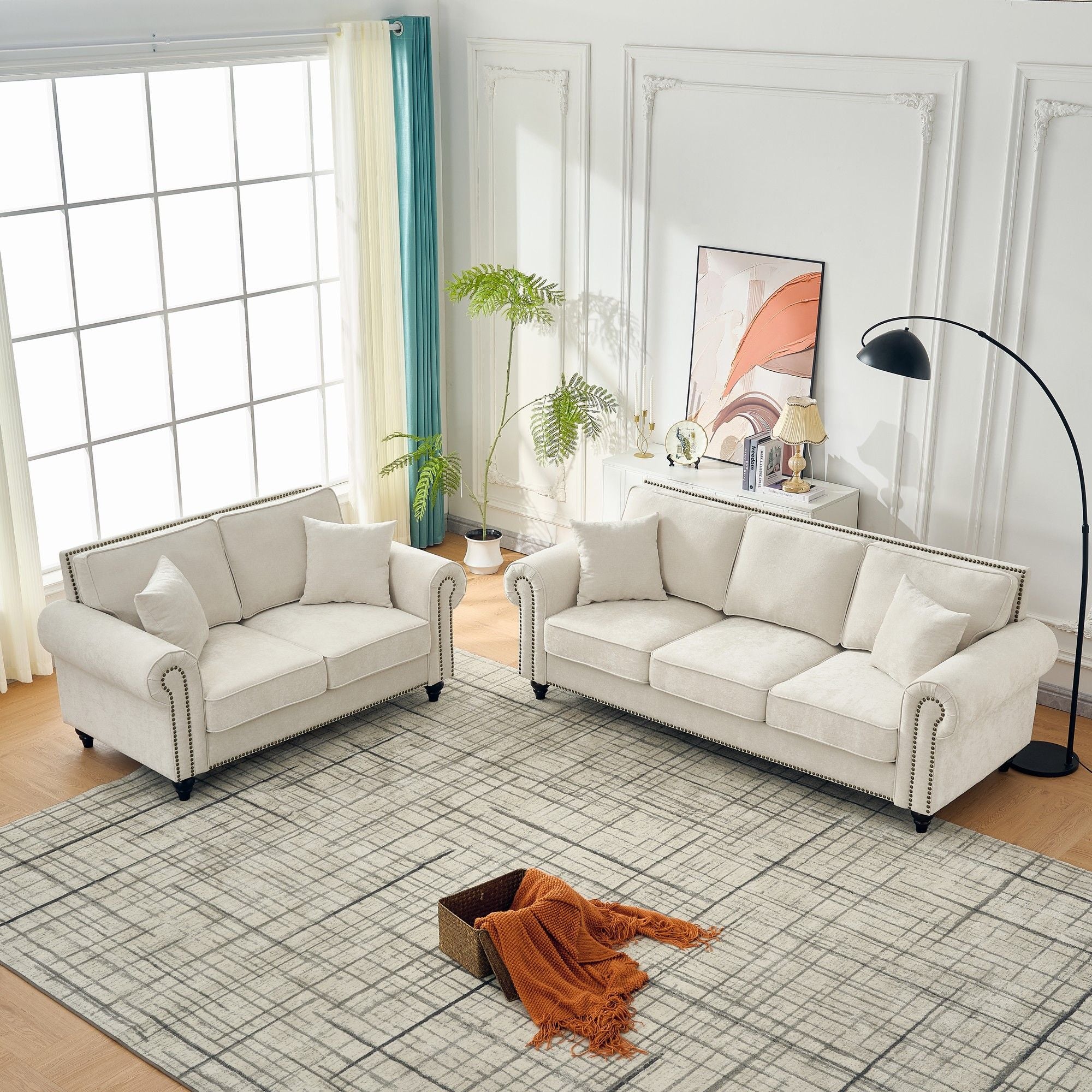 Modern 3 And 2 Seater Sofa With Rolled Arms, Tufted Upholstered Couch