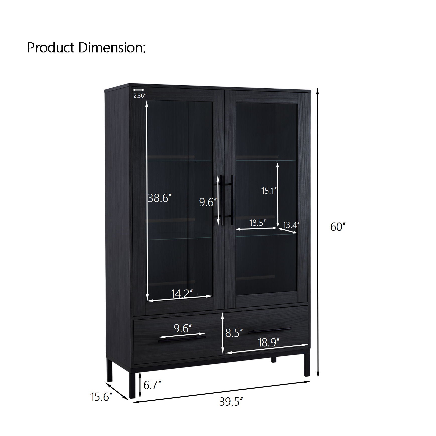 Modern Style Tall Display Cabinet With LED Lighting, Tempered Glass Door, 2 Drawers