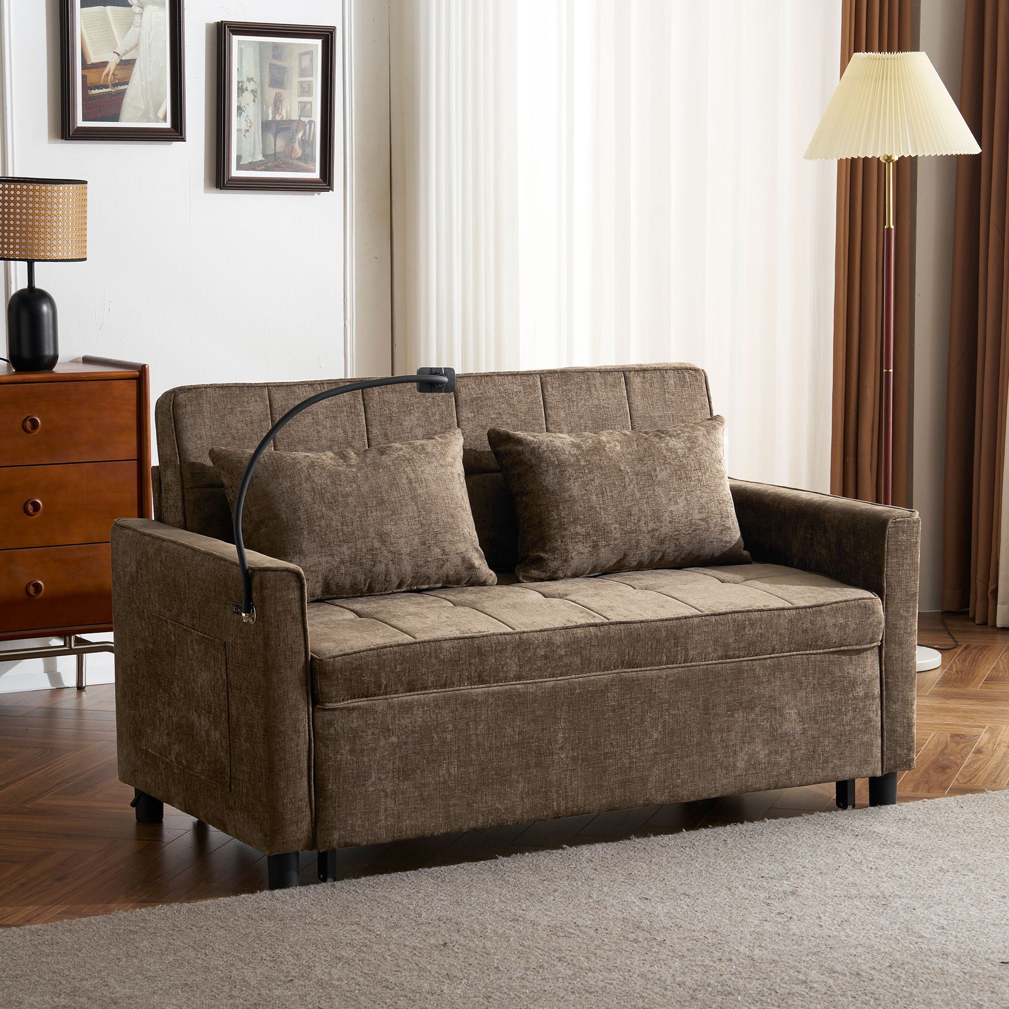 Pull-Out Sleeper Sofa With Reversible Backrest Cushion, Side Pockets, 2 USB Ports And A Phone Holder For Living Room
