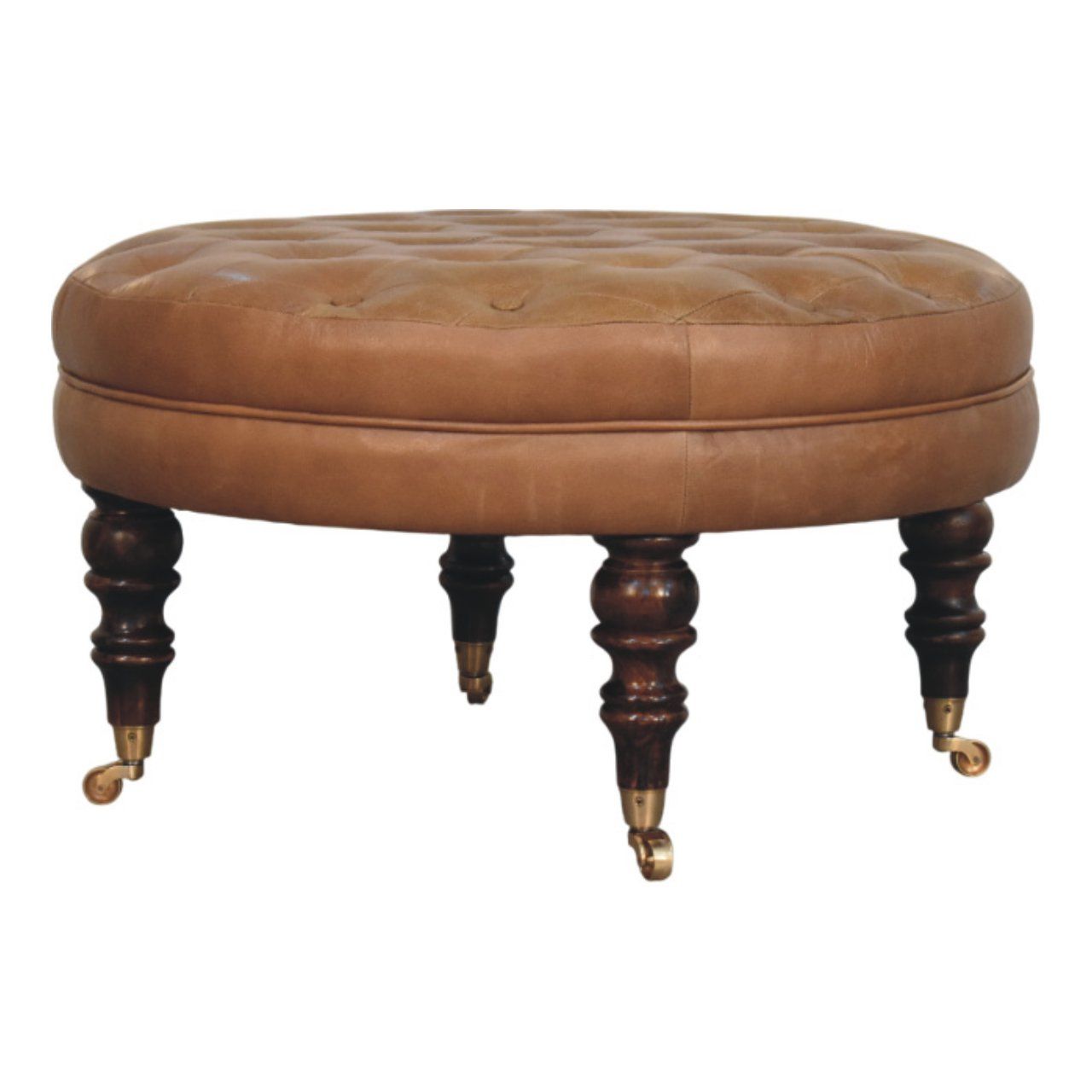 Buffalo - Leather Round Ottoman With Castor Legs - Brown