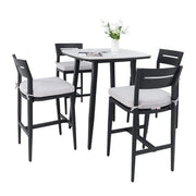 Modern Outdoor Patio Bar Set, Rounded Square Table & Bar Chairs, Non Rust Frame, Tapered Legs, Sunbrella Cushion
