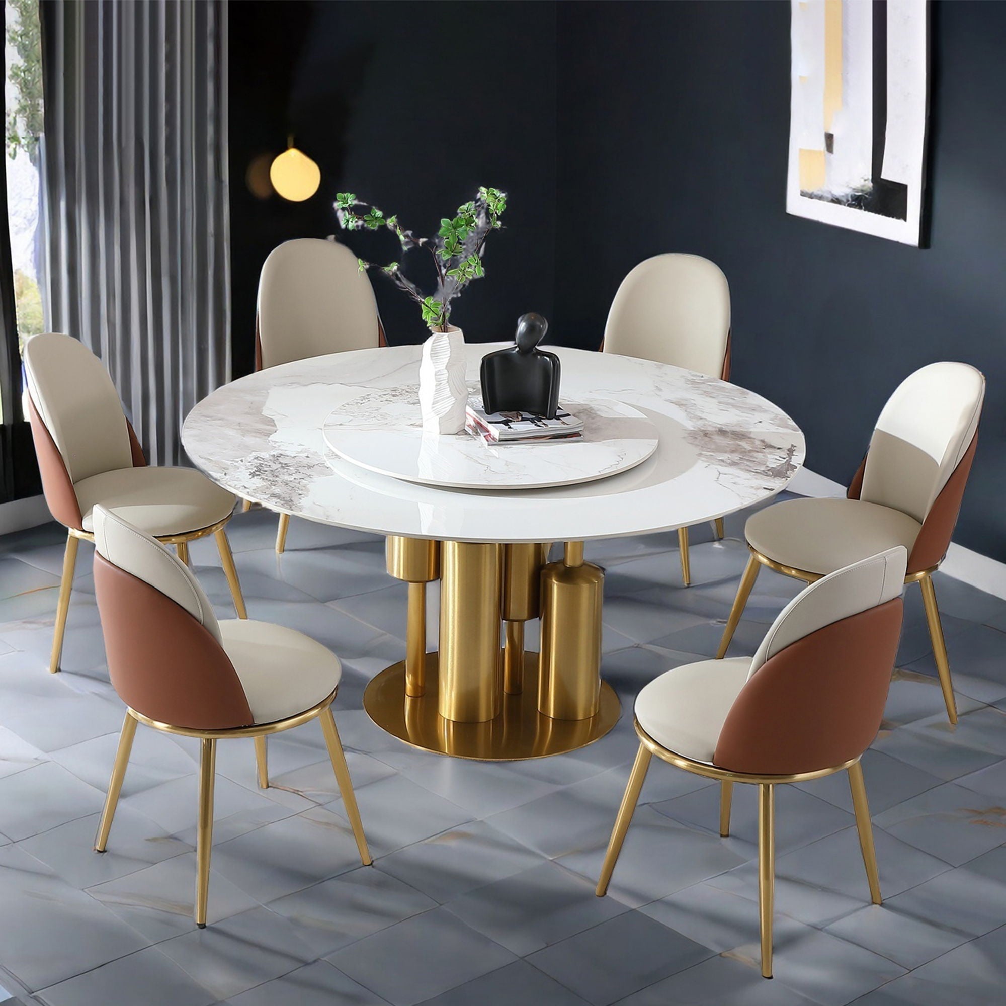 Round Stone Burning Table, Modern Marble Dining Table With Chairs